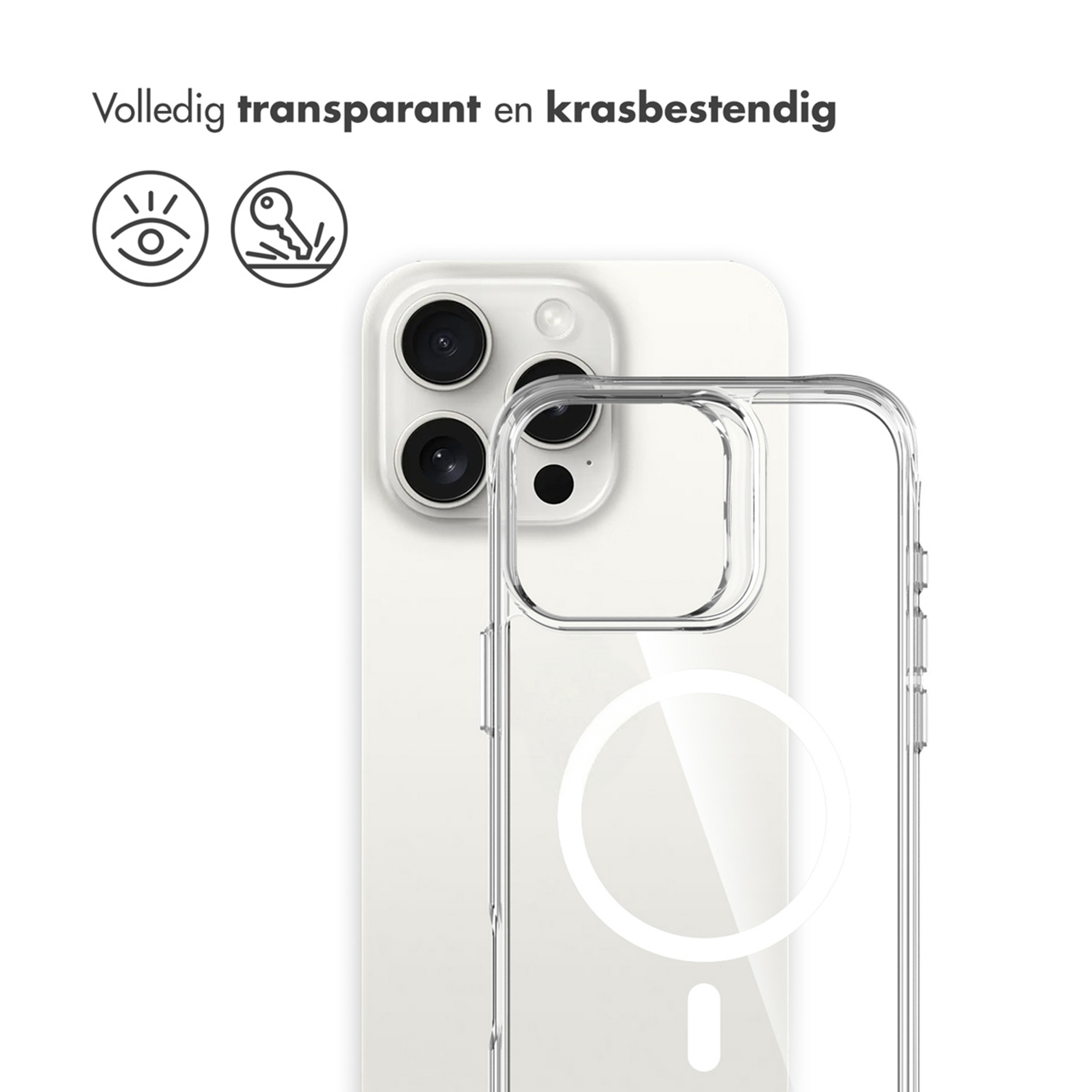 Coque de téléphone transparente avec protection caméra et anneau magnétique.