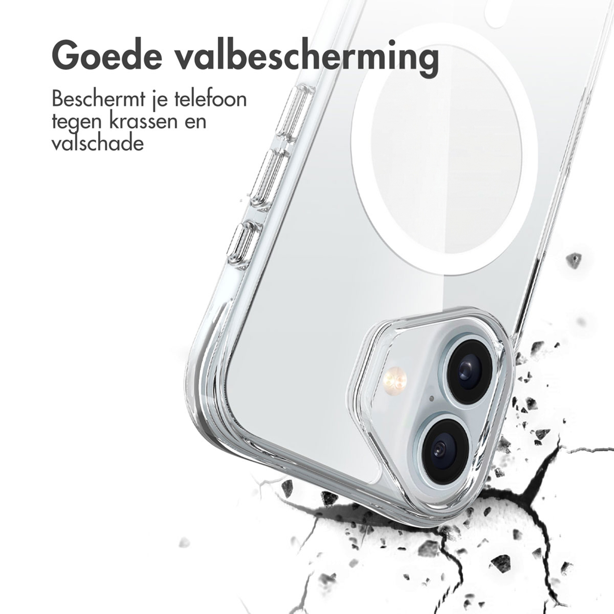 Custodia trasparente per telefono con grafica di protezione dagli urti. Fotocamere e pulsanti visibili.