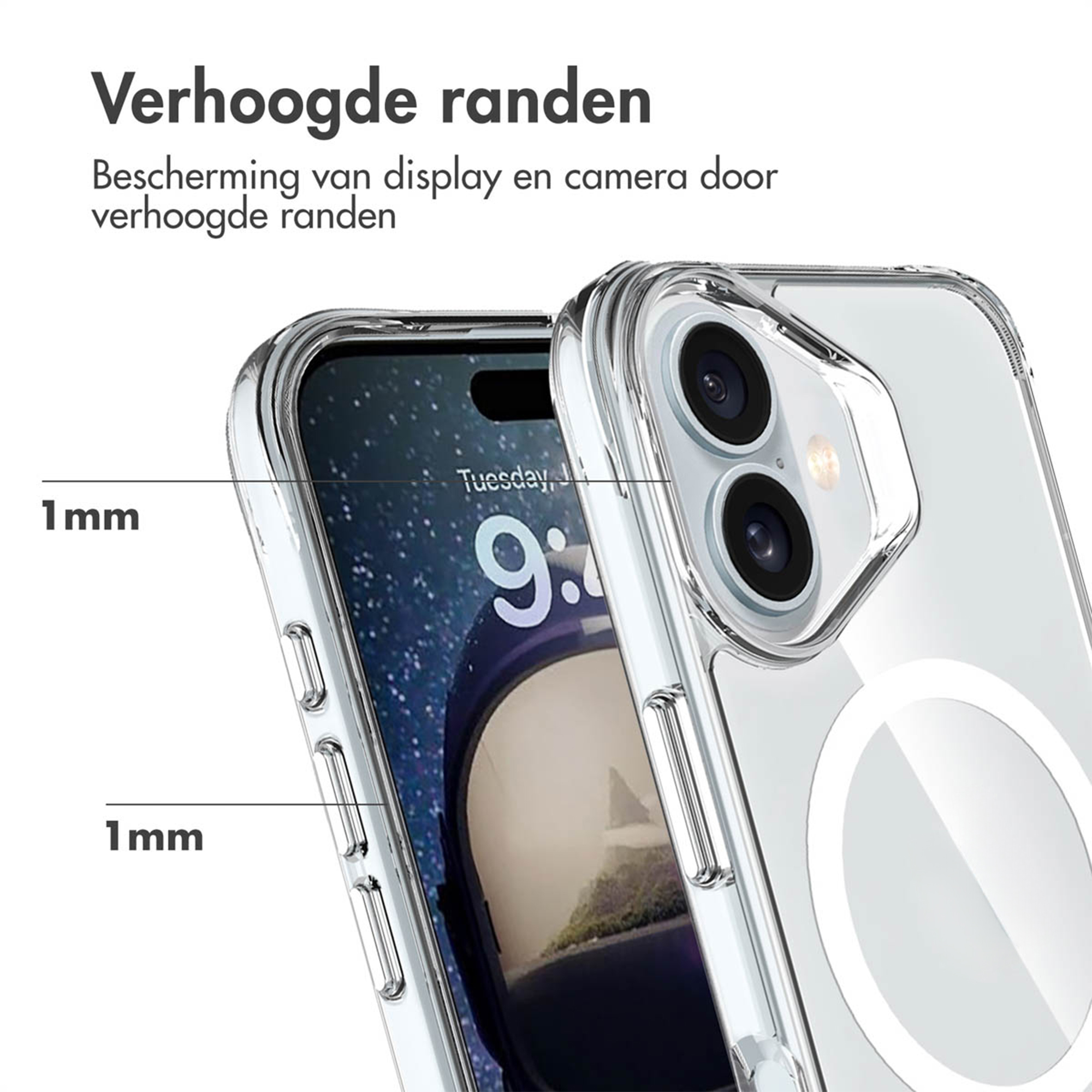Custodia trasparente mostra bordi rialzati di 1 mm per protezione schermo e fotocamera.