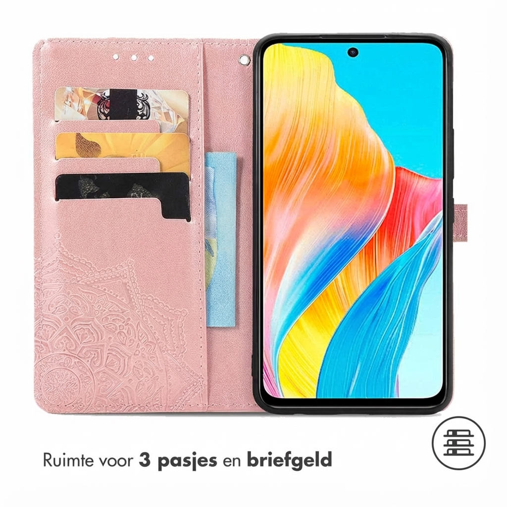 Étui de téléphone rose avec fentes pour cartes, montre un smartphone à écran coloré.
