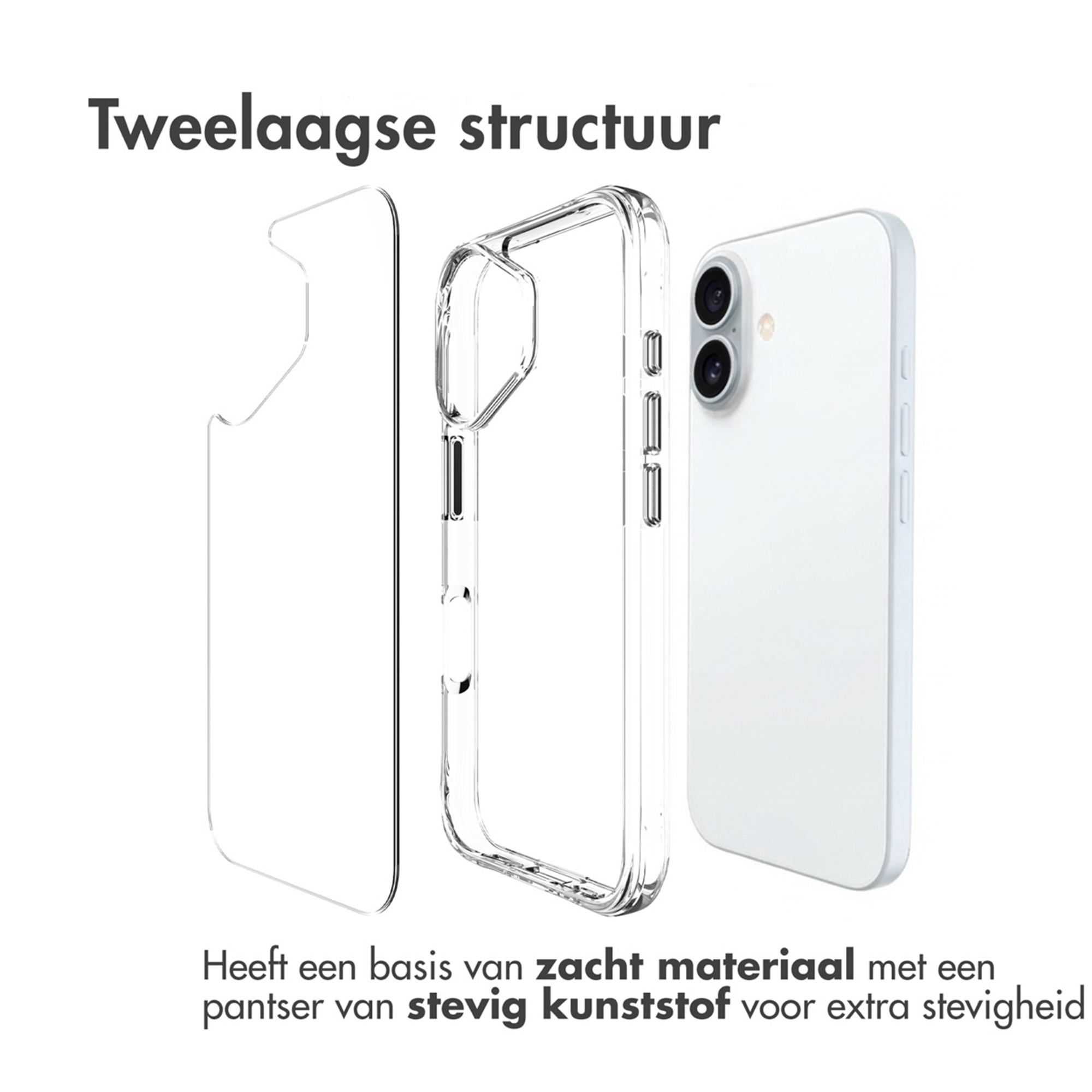 Struttura a due strati: Una custodia trasparente accanto a uno smartphone bianco.