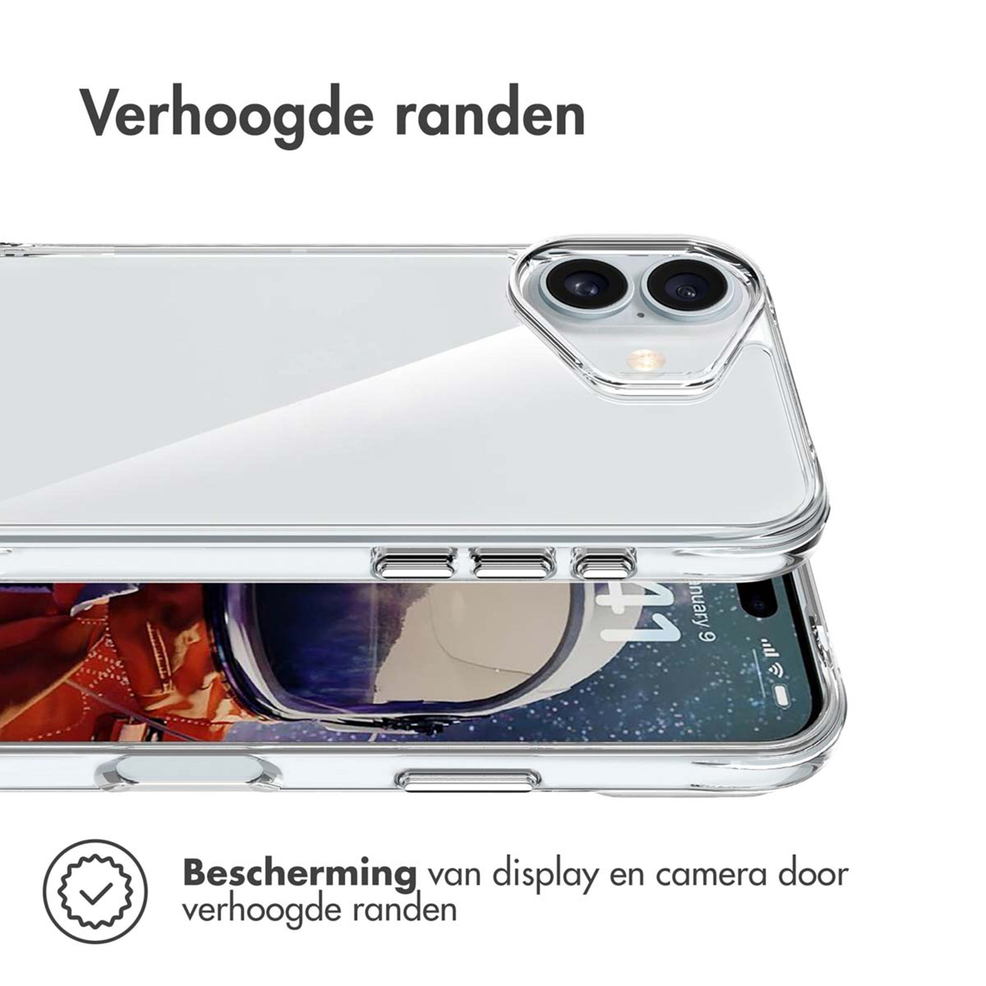 Custodia trasparente con bordi rialzati per protezione display e fotocamera.