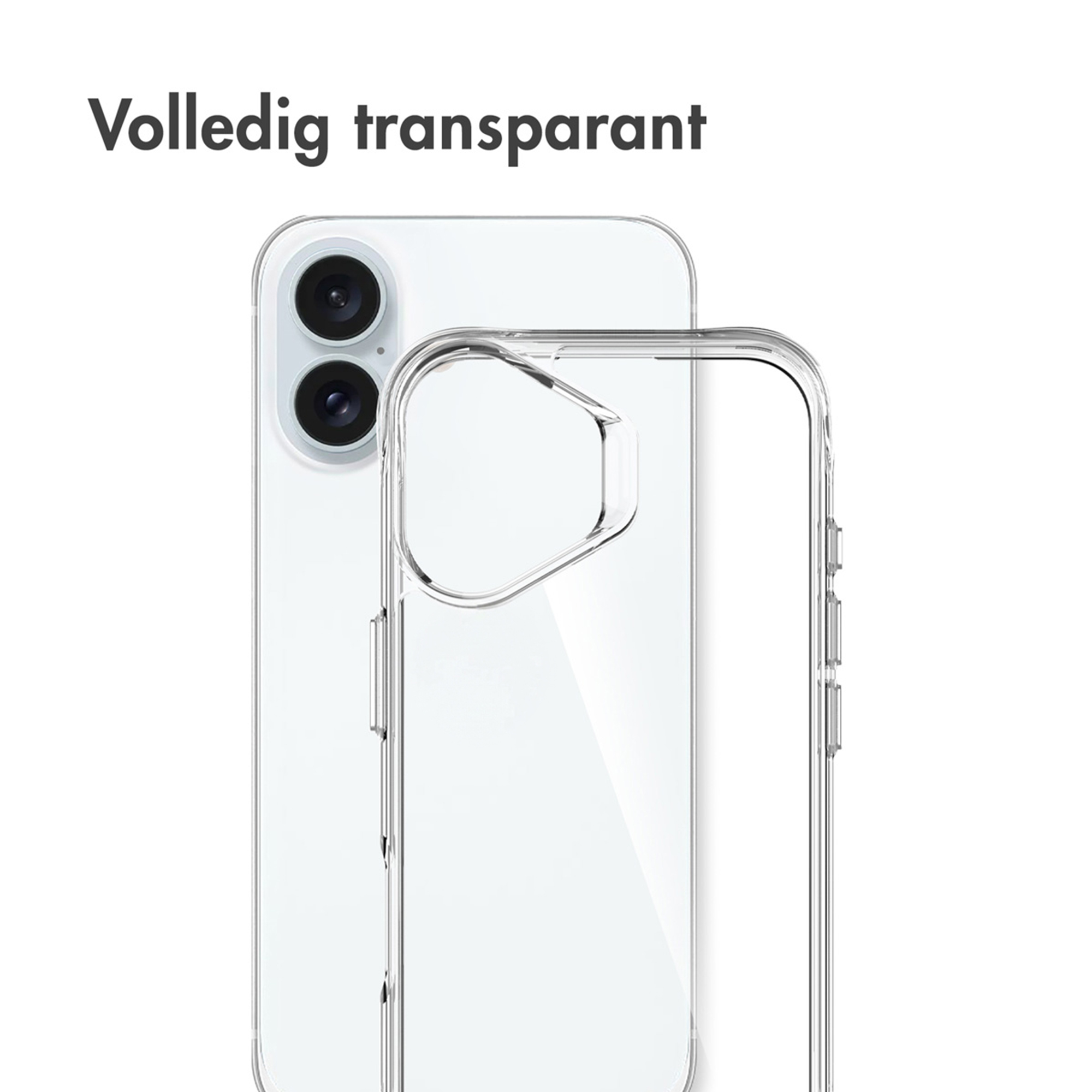 Una custodia trasparente per telefono accanto a un telefono bianco.