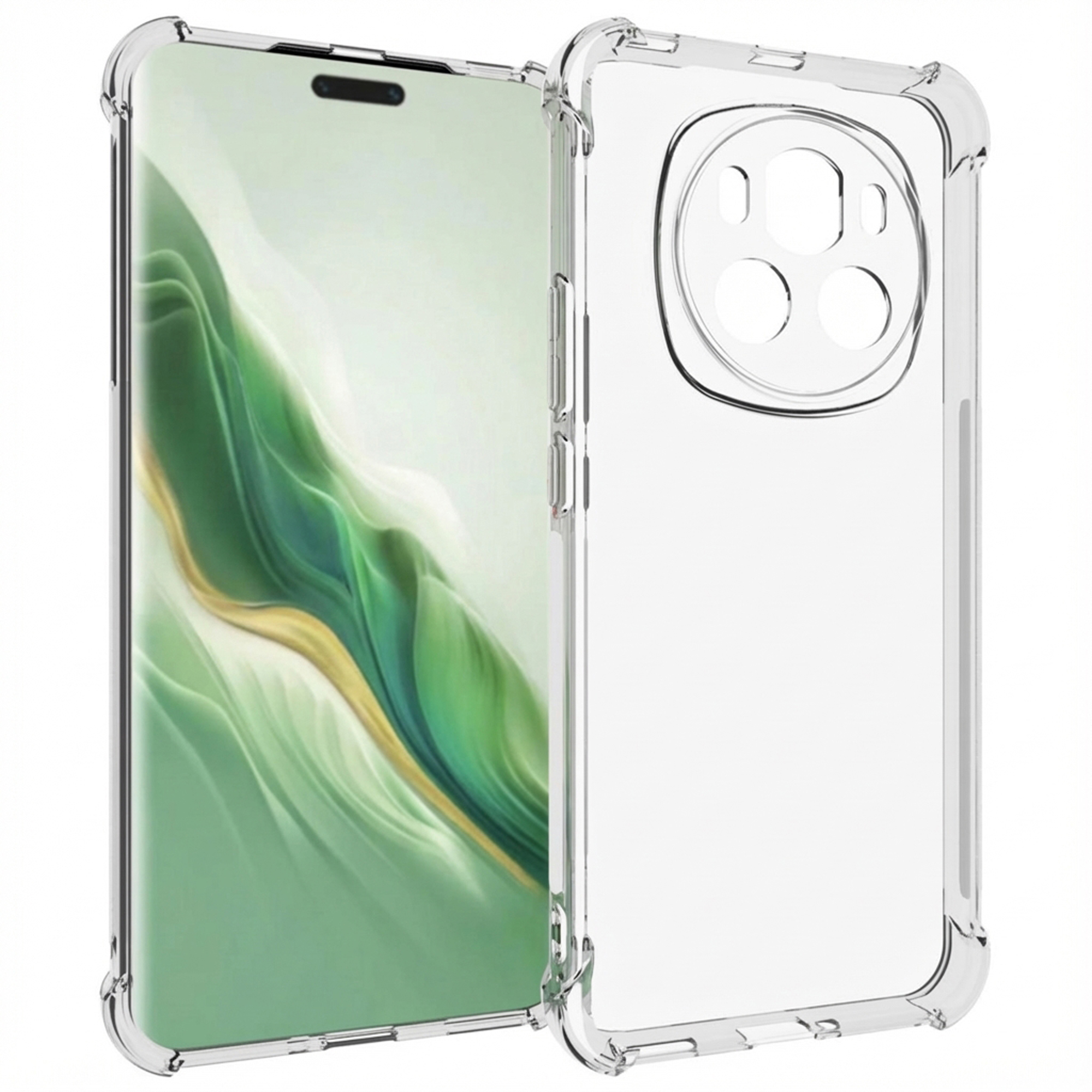 Una custodia trasparente per telefono accanto a uno smartphone con sfondo verde.