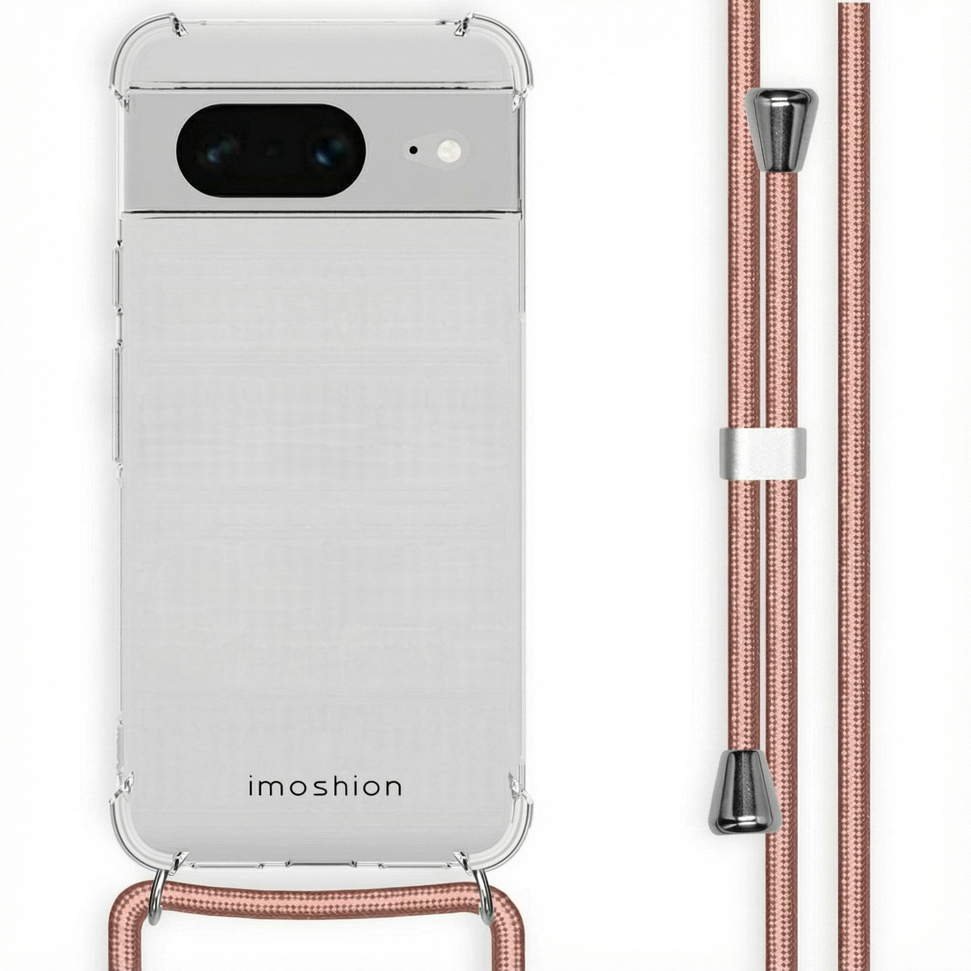 Custodia trasparente con telefono e cordino oro rosa.