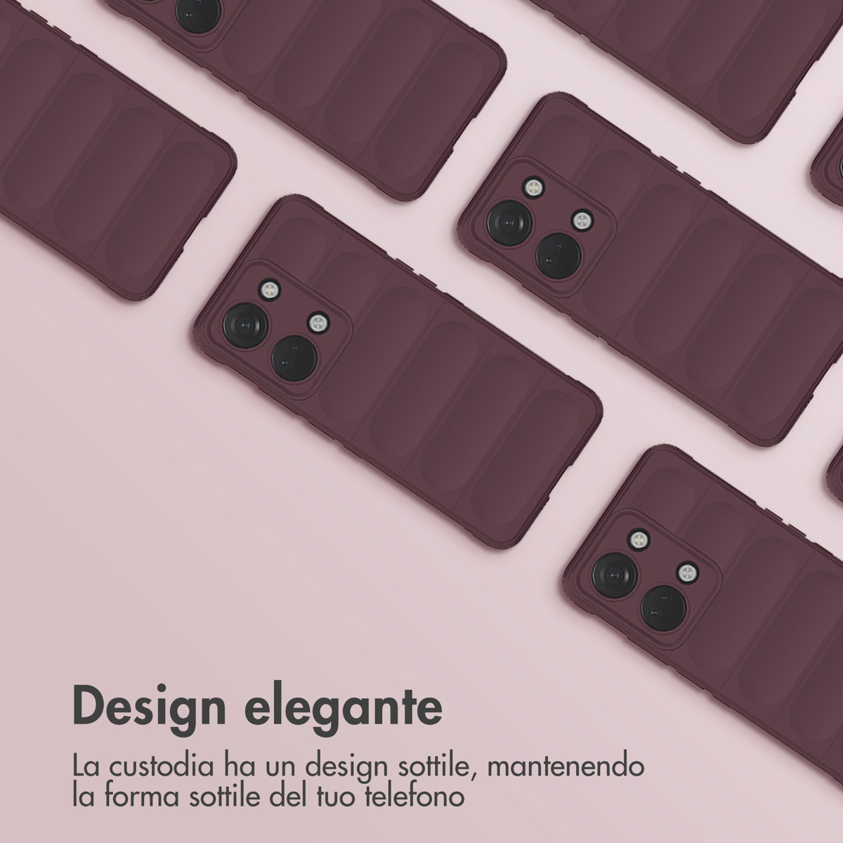 Diverse custodie per cellulare color vinaccia con motivo a coste su sfondo rosa.