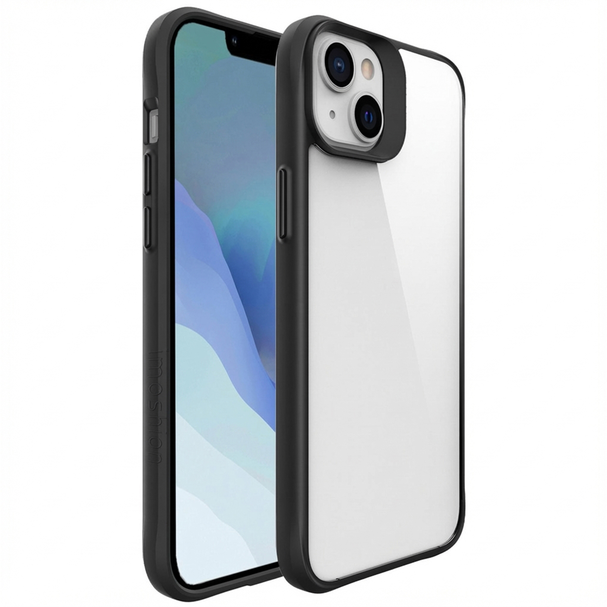 Une coque transparente à bordure noire présente un téléphone avec un fond d'écran bleu et vert.