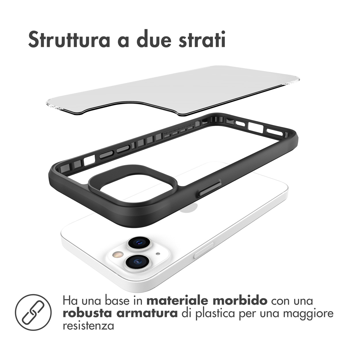 Structure à deux couches avec cadre noir, téléphone blanc et film protecteur.