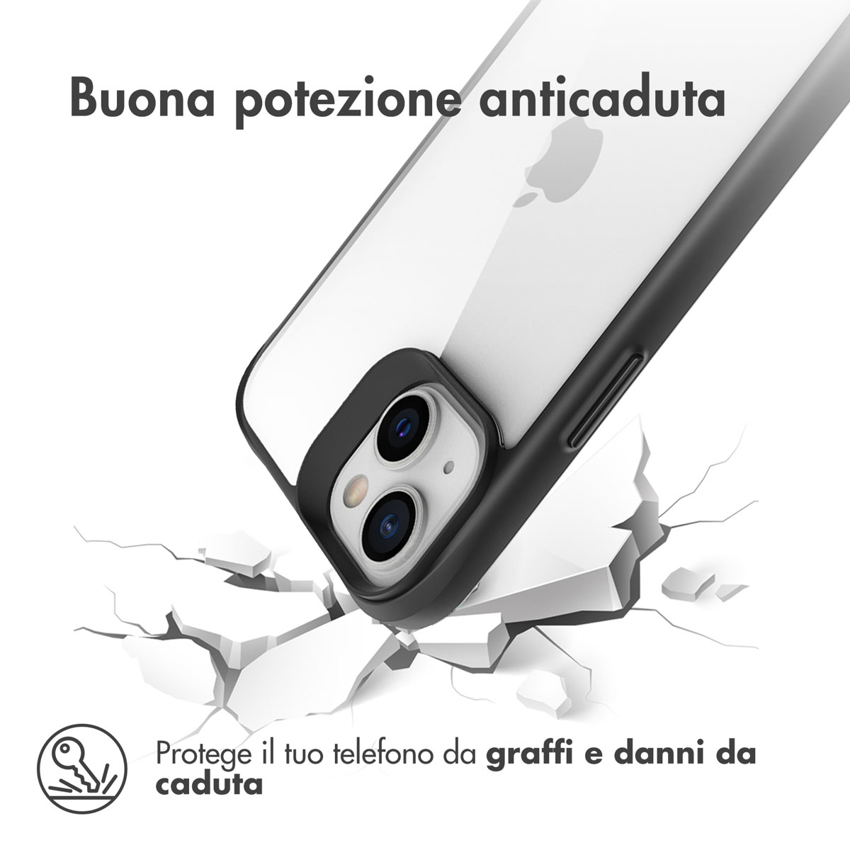 Coque de protection iPhone anti-chute, posée sur un sol fissuré.