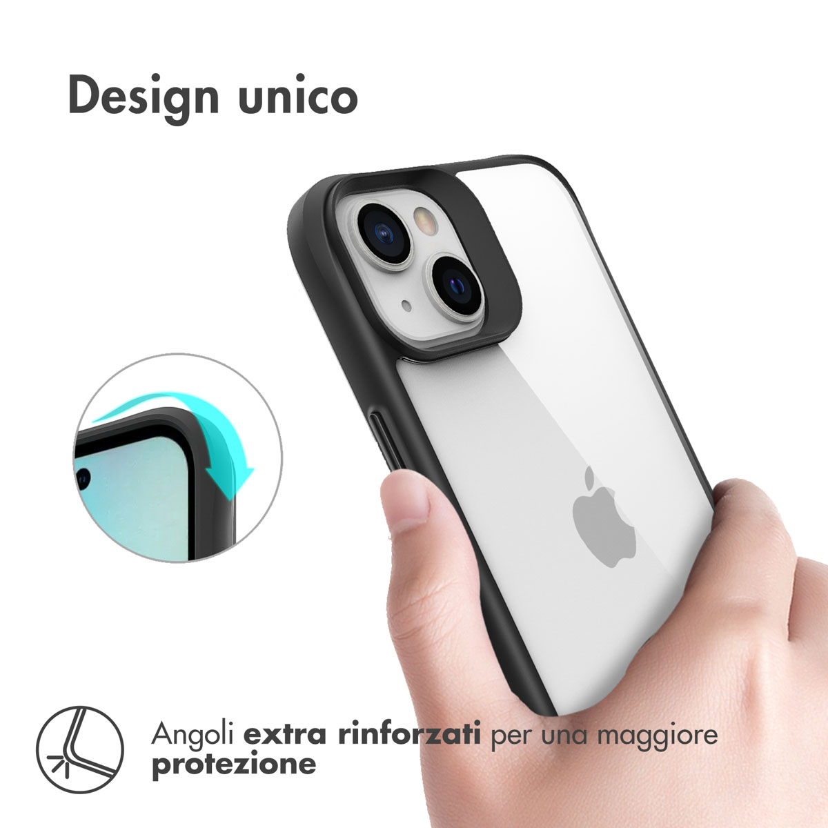 Main tenant une coque de téléphone transparente aux coins renforcés.