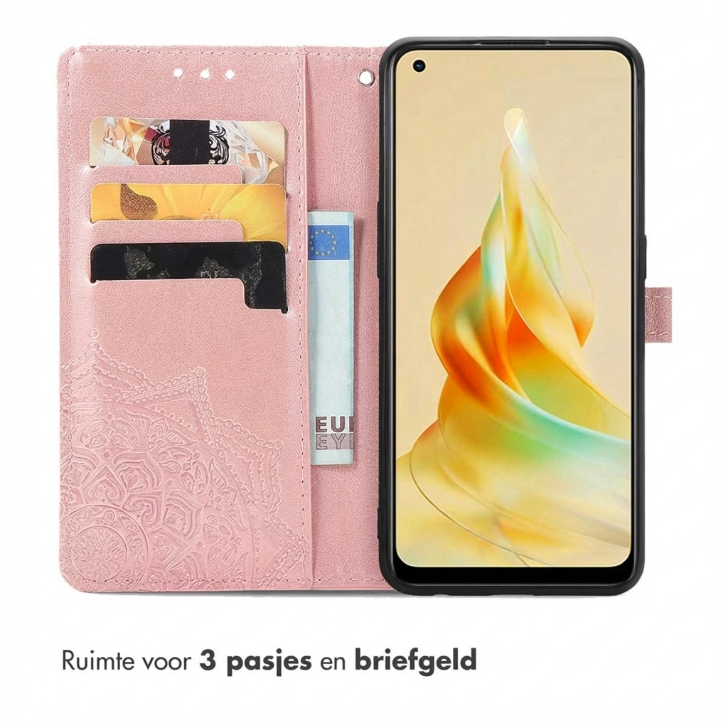 Un étui portefeuille rose pour téléphone avec fentes pour cartes.