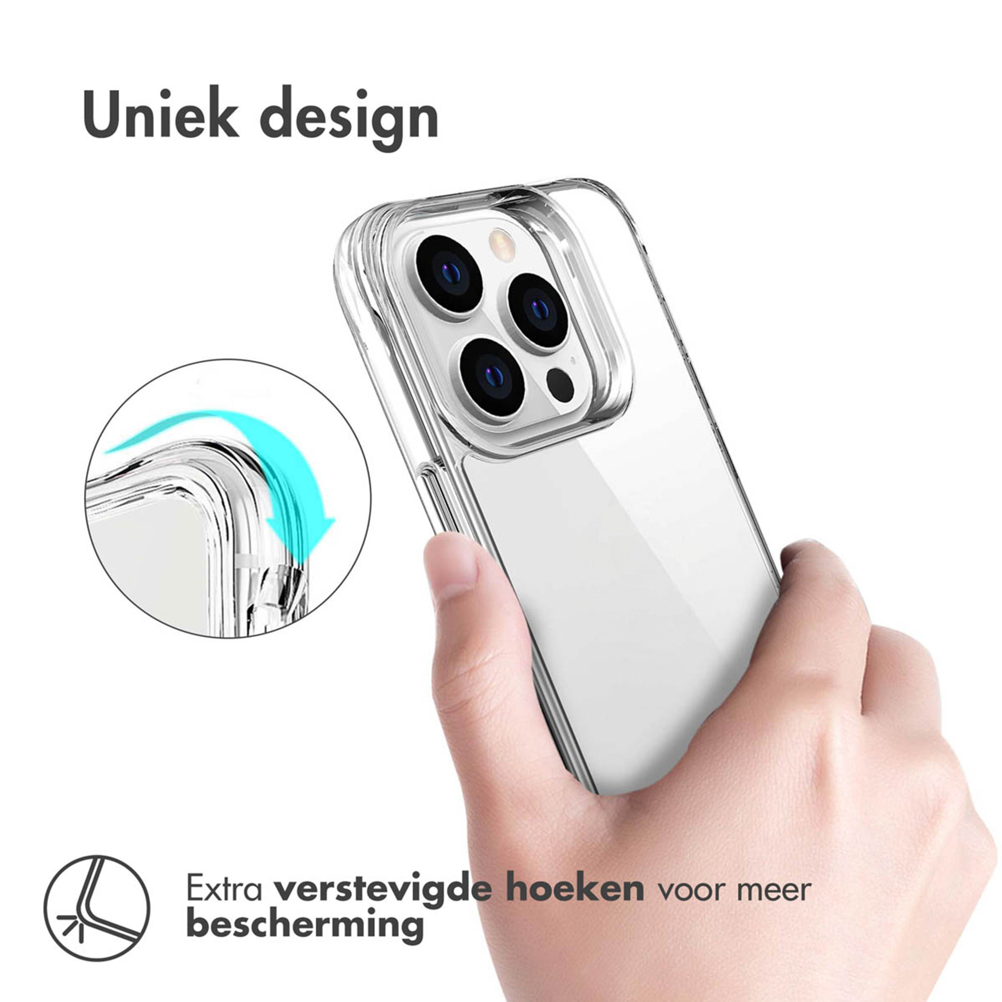 Een hand houdt een doorzichtige telefoonhoes met verstevigde hoeken.