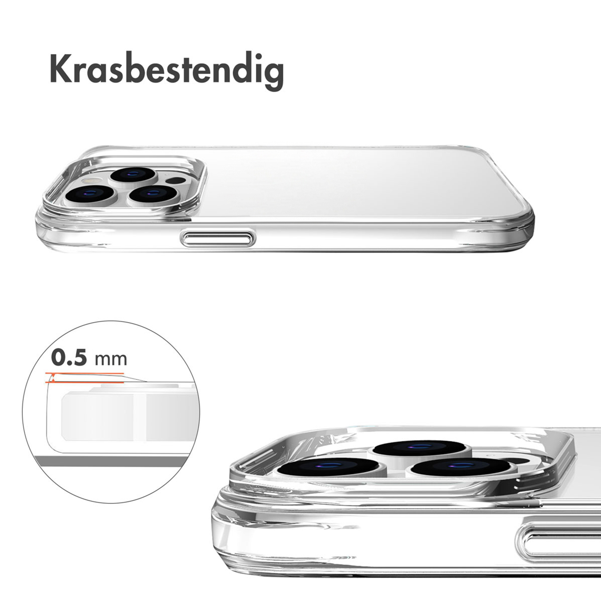 Transparante telefoonhoes met camerabescherming en 0,5 mm maataanduiding.