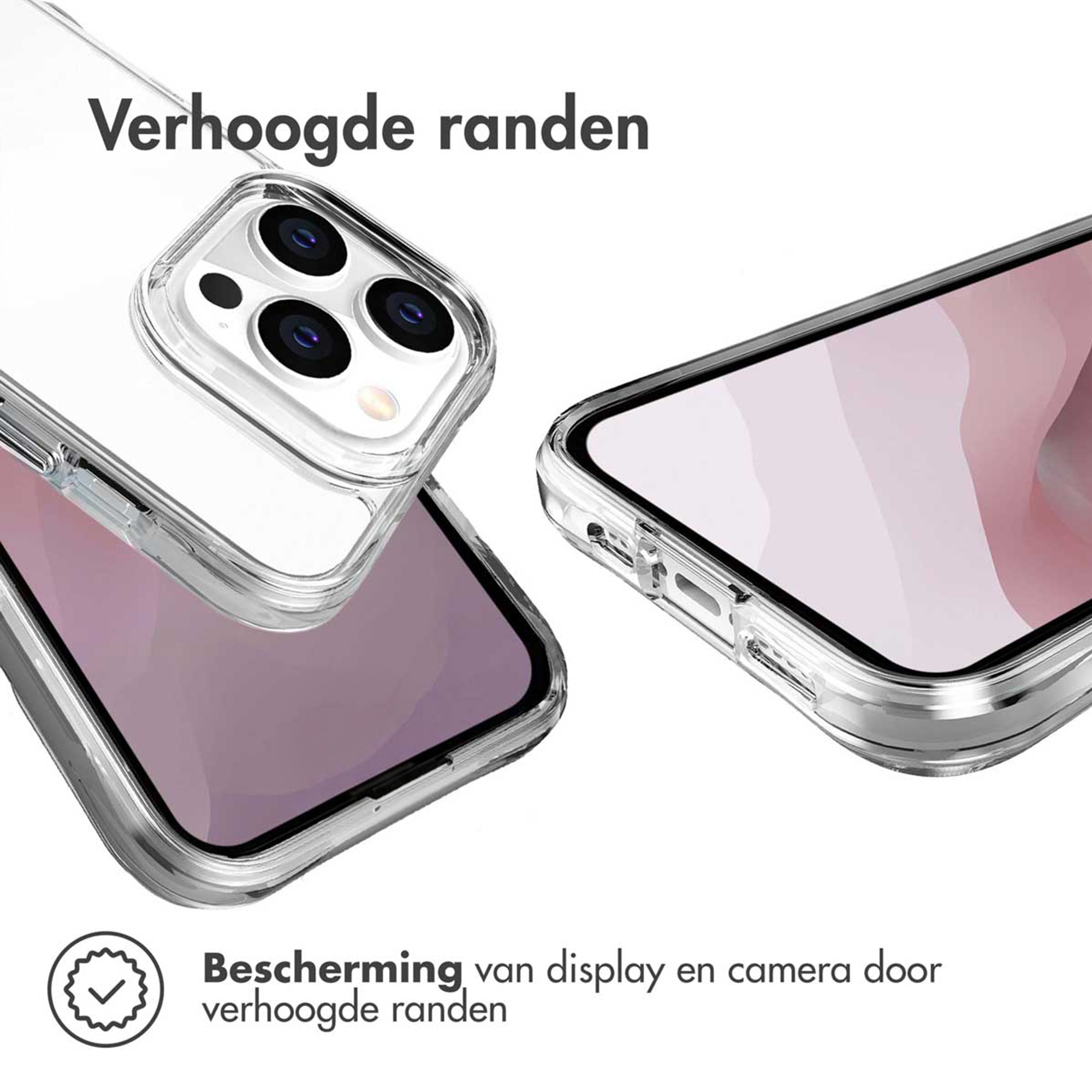 Transparante telefoonhoes met verhoogde randen voor bescherming display en camera.