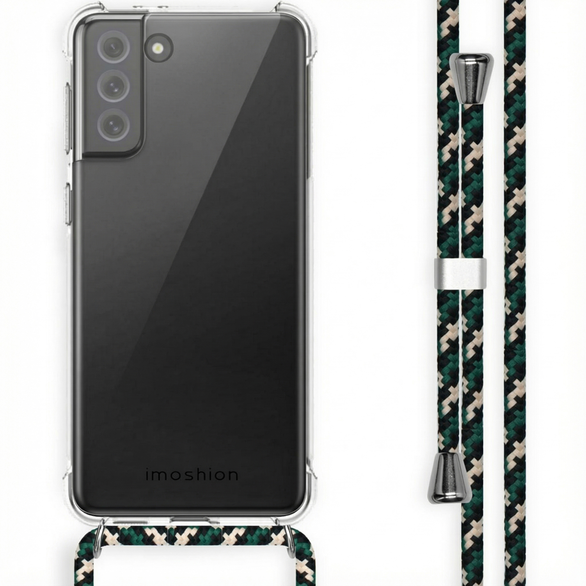 Coque de téléphone transparente avec lanière tressée noire, verte et beige.