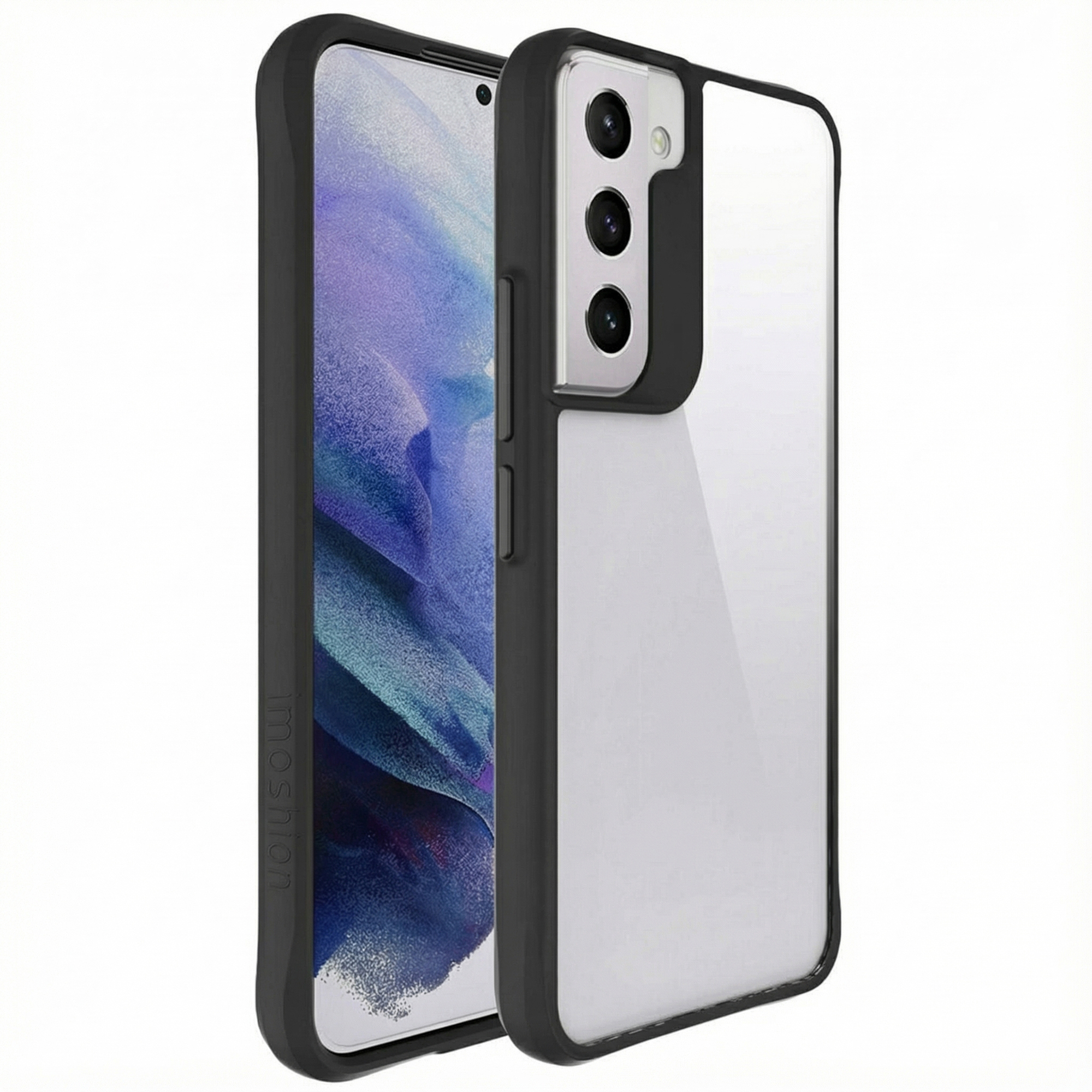 Zwarte telefoonhoes met doorzichtige achterkant en drie cameralenzen.