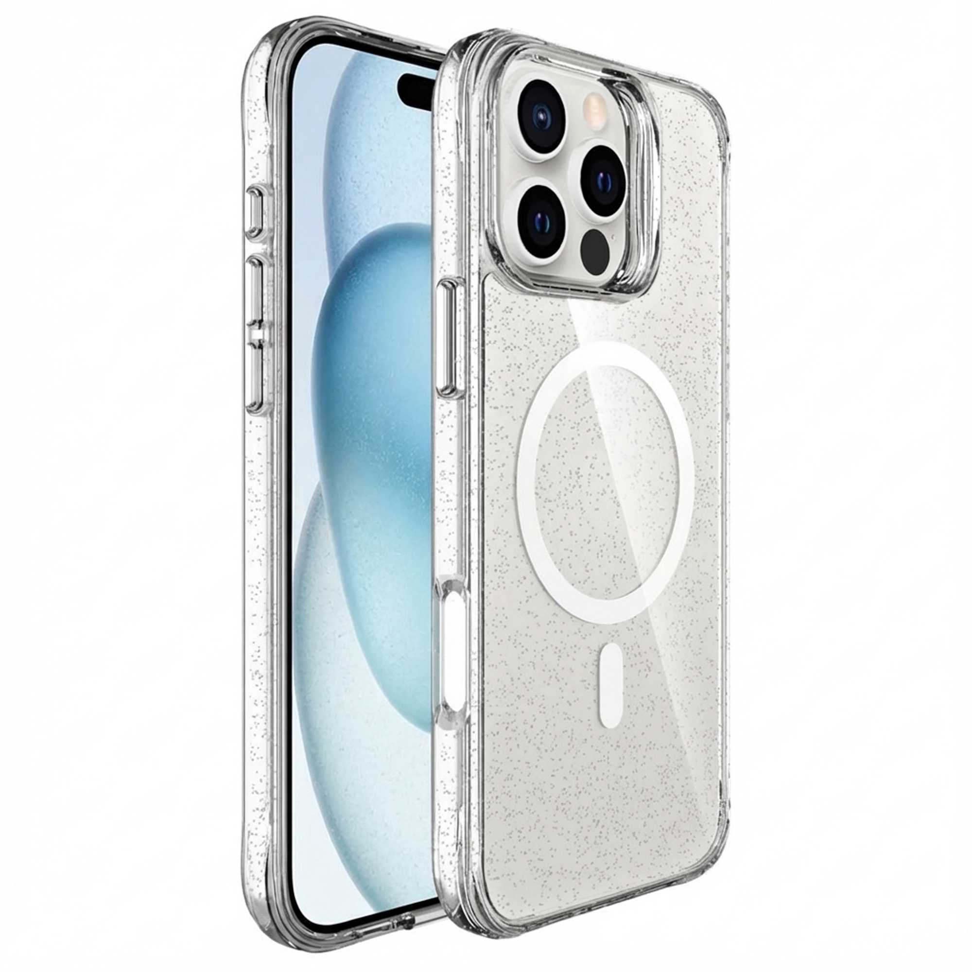 Doorzichtige hoes met glitter en magneetring voor smartphone.