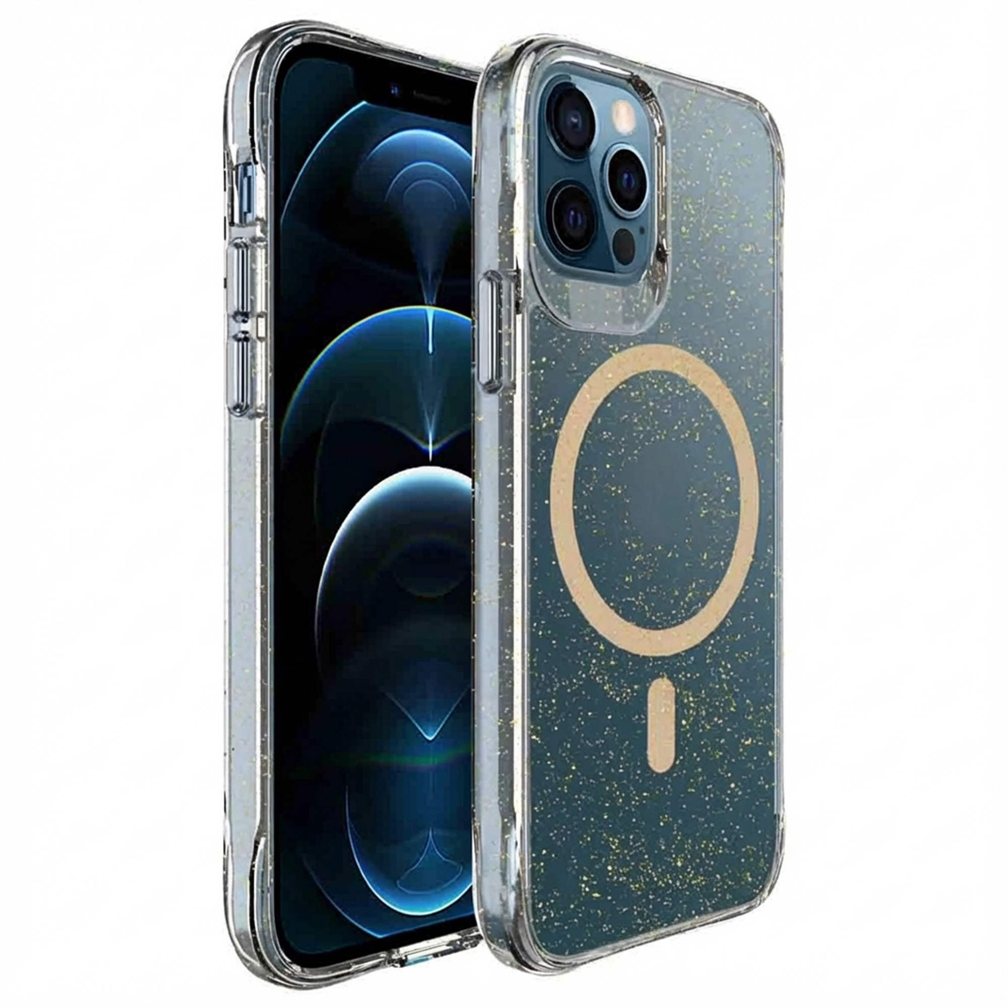 Een doorzichtige telefoonhoes met gouden glitterdeeltjes en een cirkelvormig