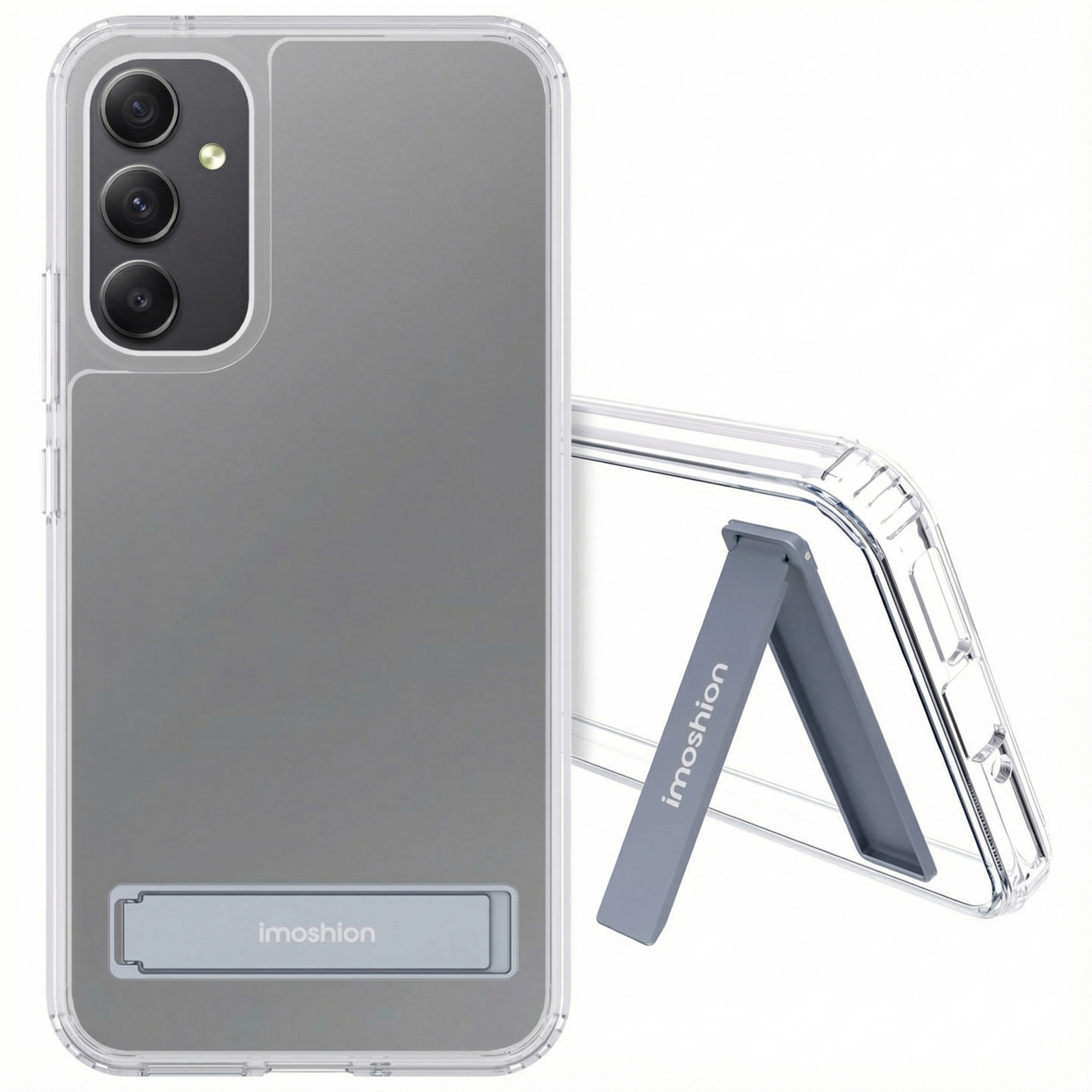Coque de téléphone transparente avec béquille grise intégrée. Trois caméras au dos.