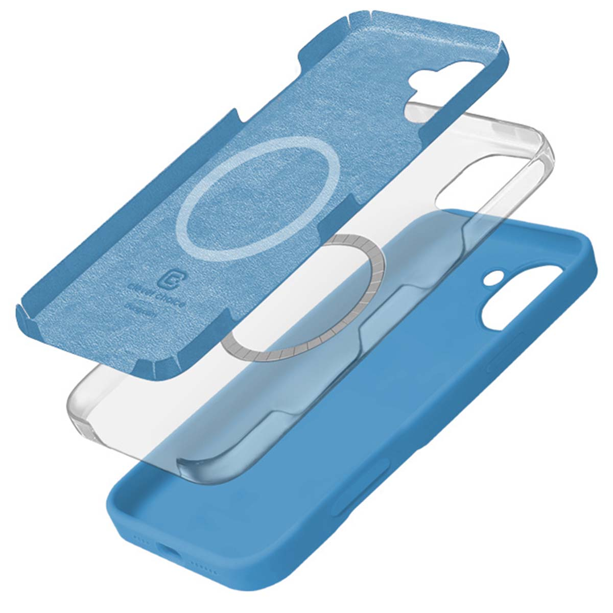 Vista esplosa di una custodia per telefono blu e trasparente con anello magnetico.