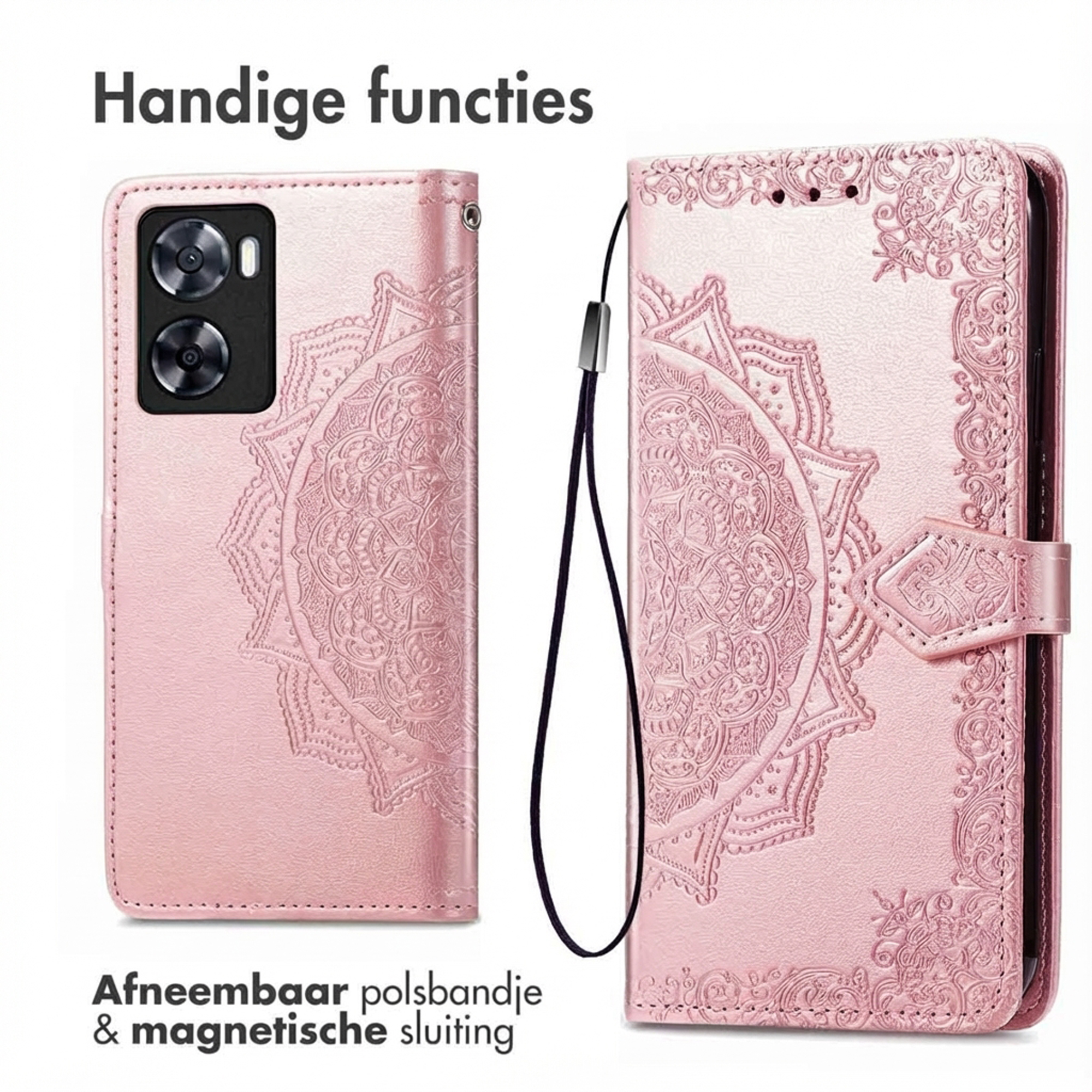 Roze telefoonhoes met mandala-reliëf, twee weergaven, één met camera, één open.