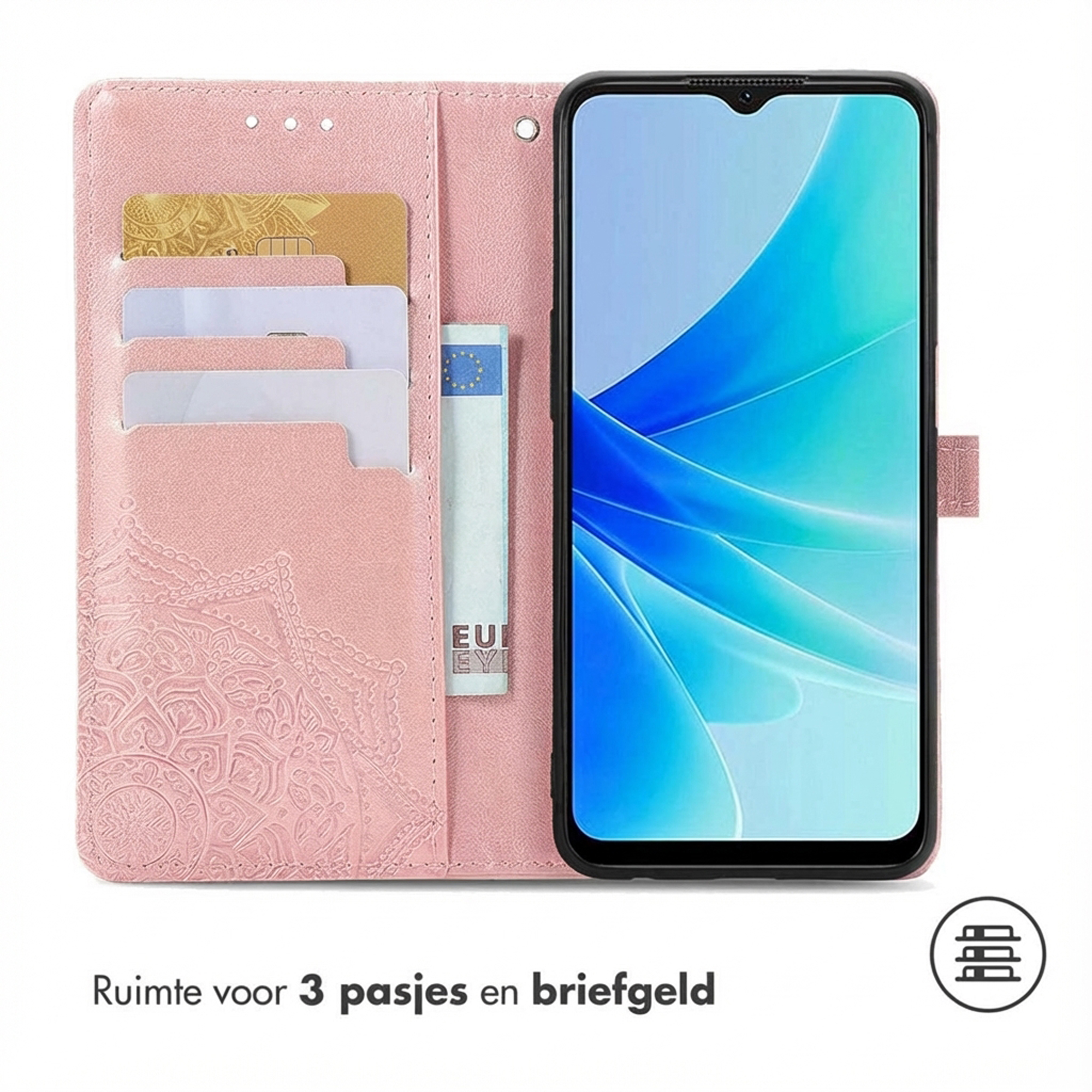 Een roze telefoonhoesje met kaarthouders en een telefoon.