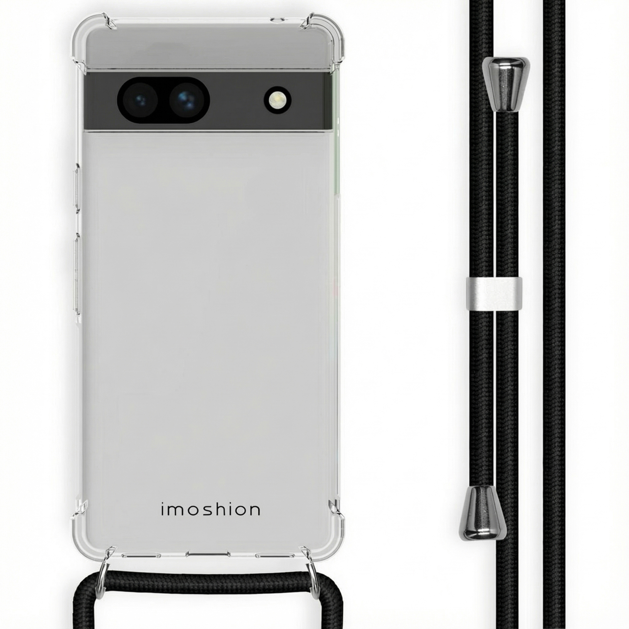 Transparante telefoonhoes met zwart koord en zilverkleurige accenten.