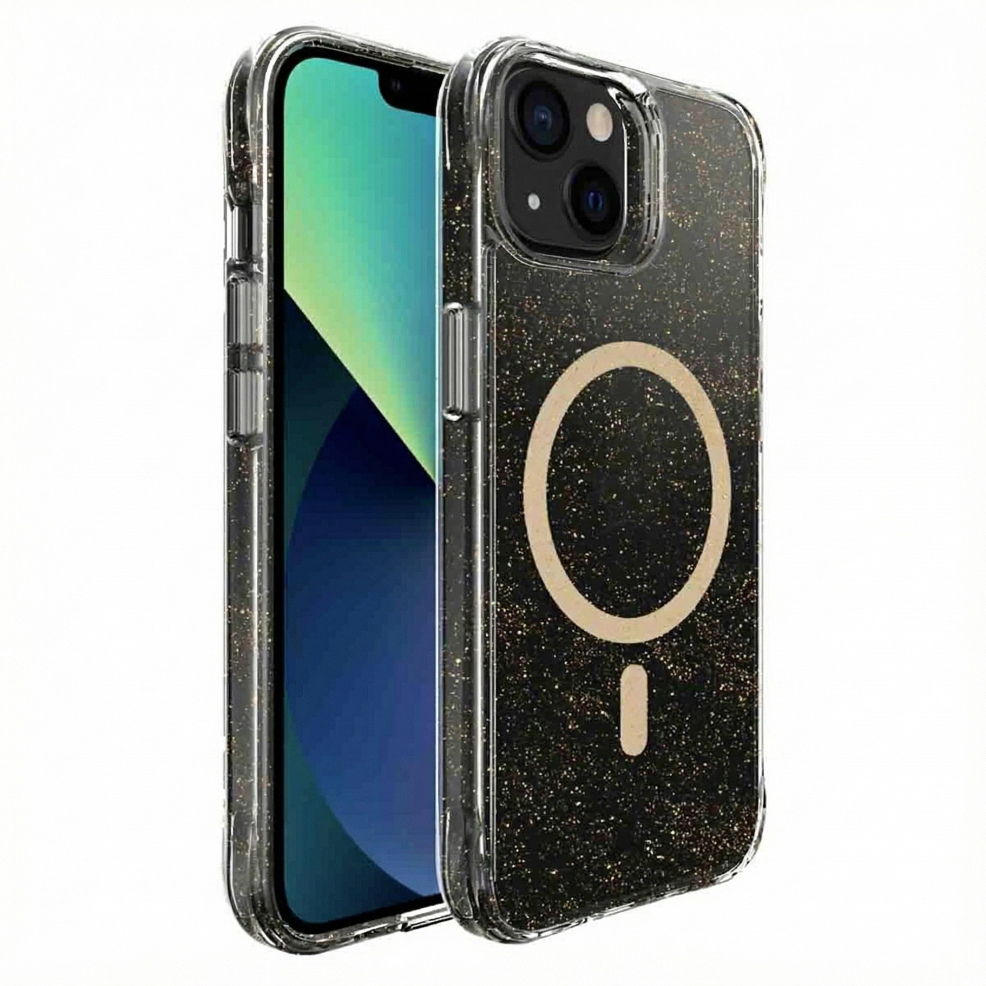 Un iPhone noir avec coque protectrice pailletée et anneau magnétique.