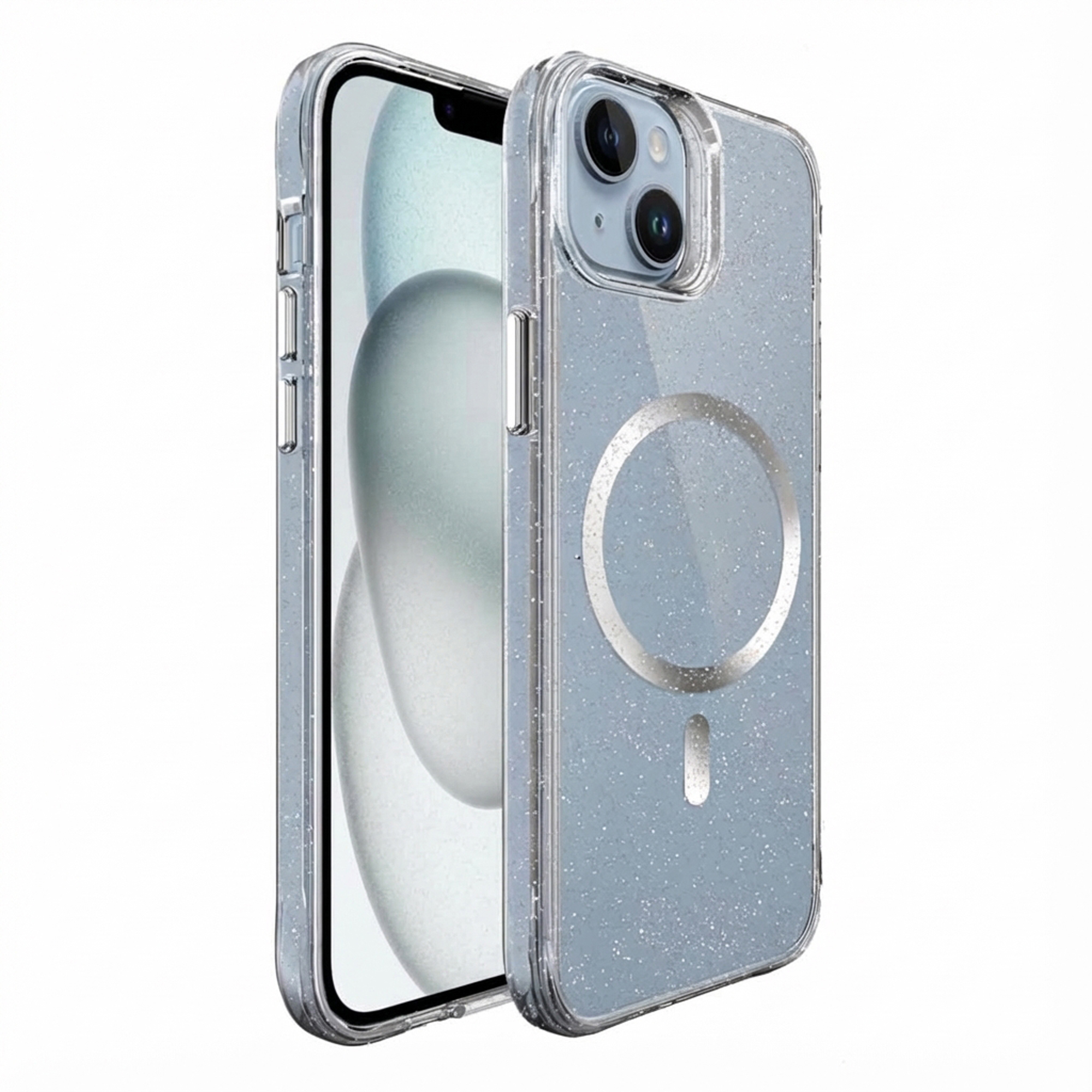 Une coque de téléphone transparente avec des paillettes sur fond bleu.