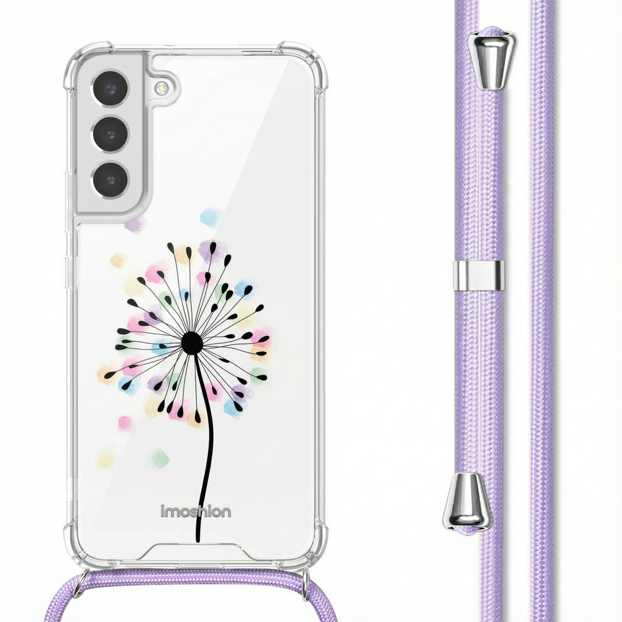 Transparante telefoonhoes met koord en kleurrijk paardenbloemdesign.