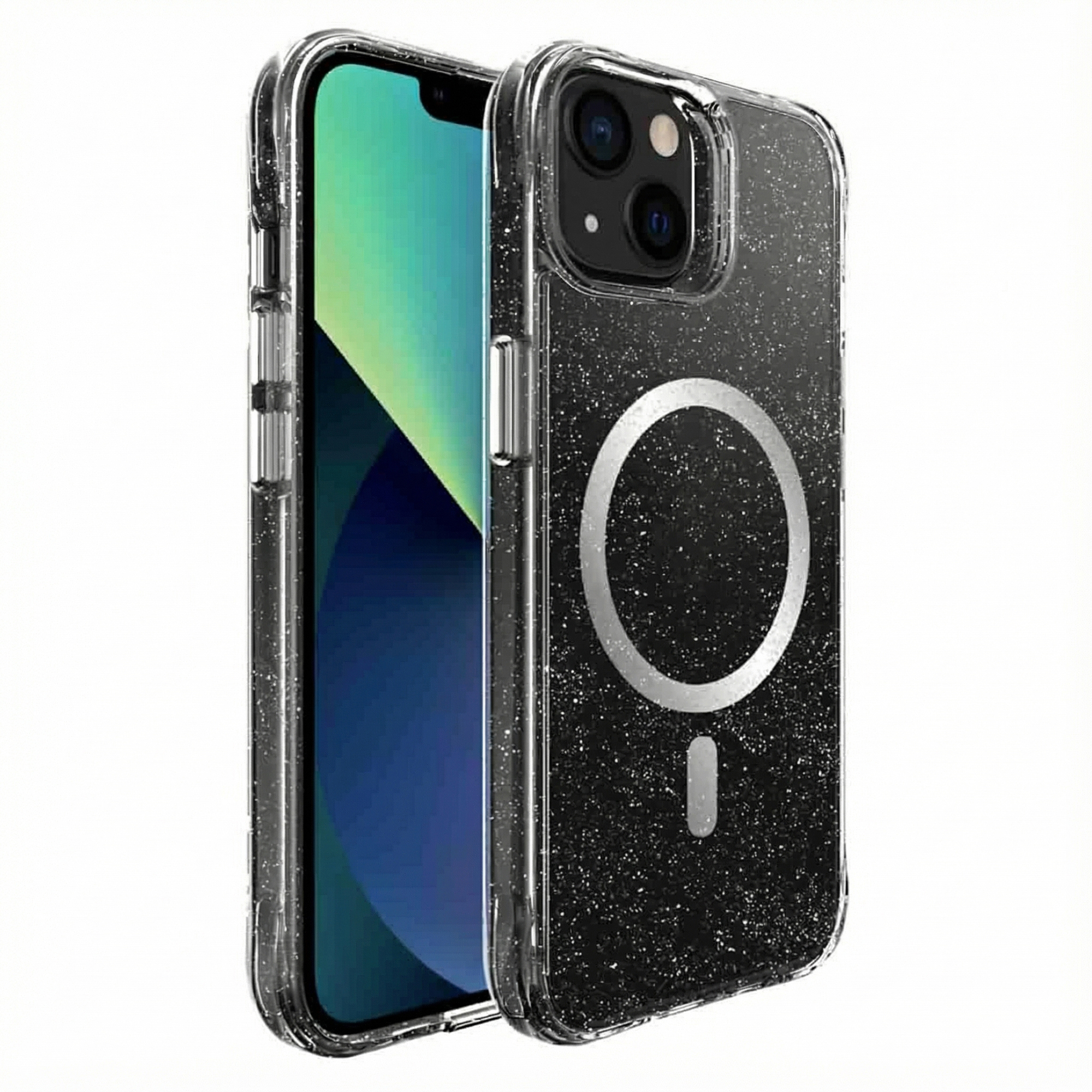 Coque de téléphone noire avec paillettes et logo MagSafe.