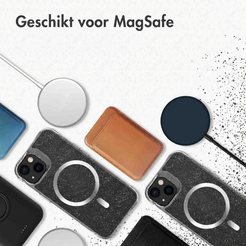 Diverses coques, chargeurs et un portefeuille marron compatibles MagSafe pour iPhone sur fond blanc.