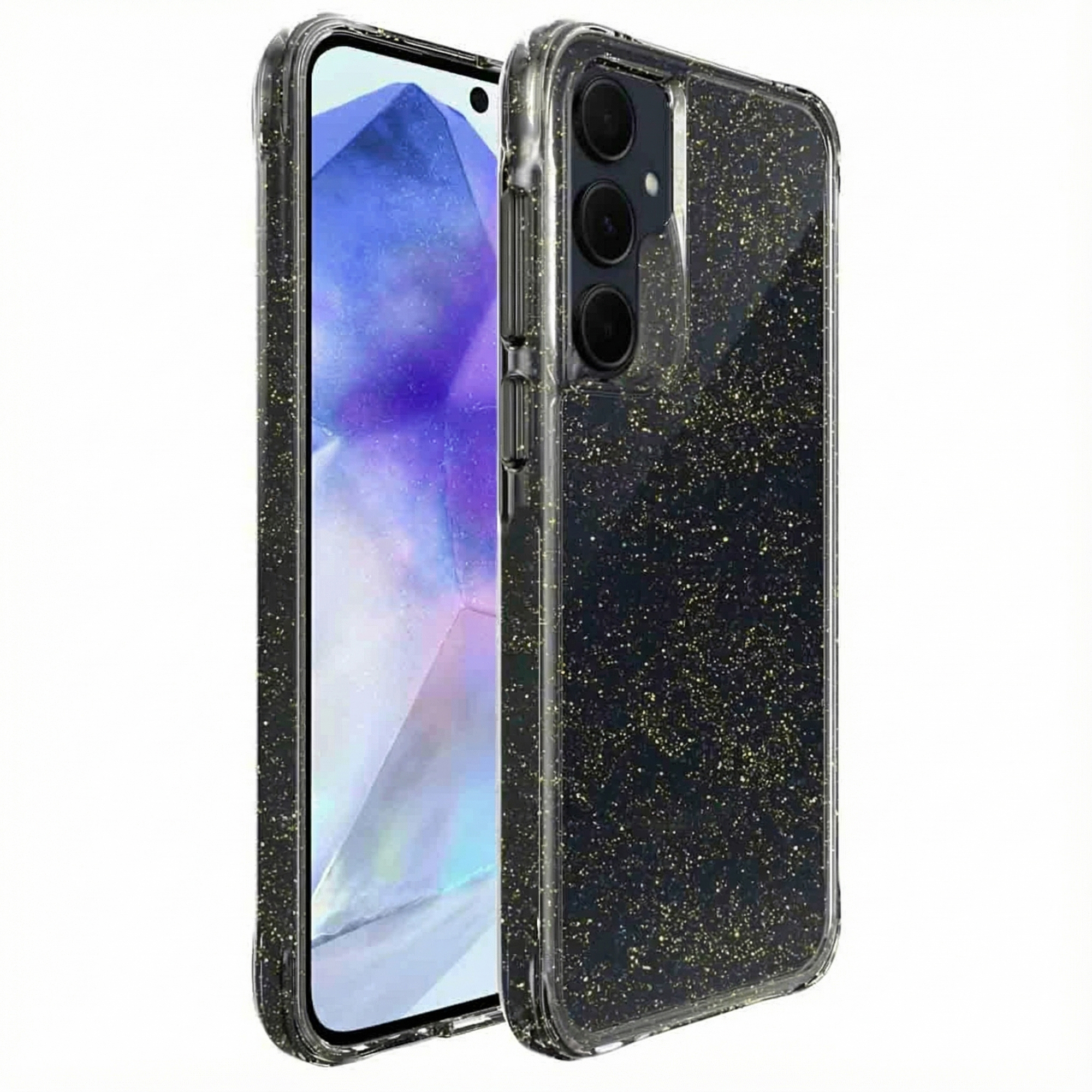 Zwarte telefoonhoes met gouden glitter, toont telefoonscherm en cameralenzen.