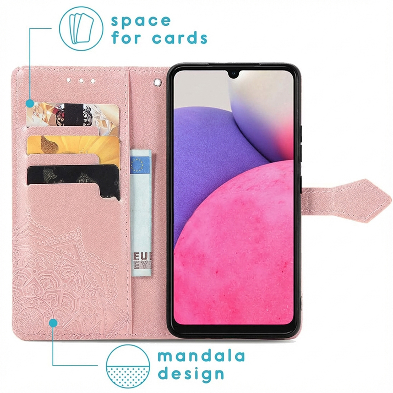 Een roze telefoonhoesje met kaartsleuven, mandala-ontwerp en een telefoonscherm.