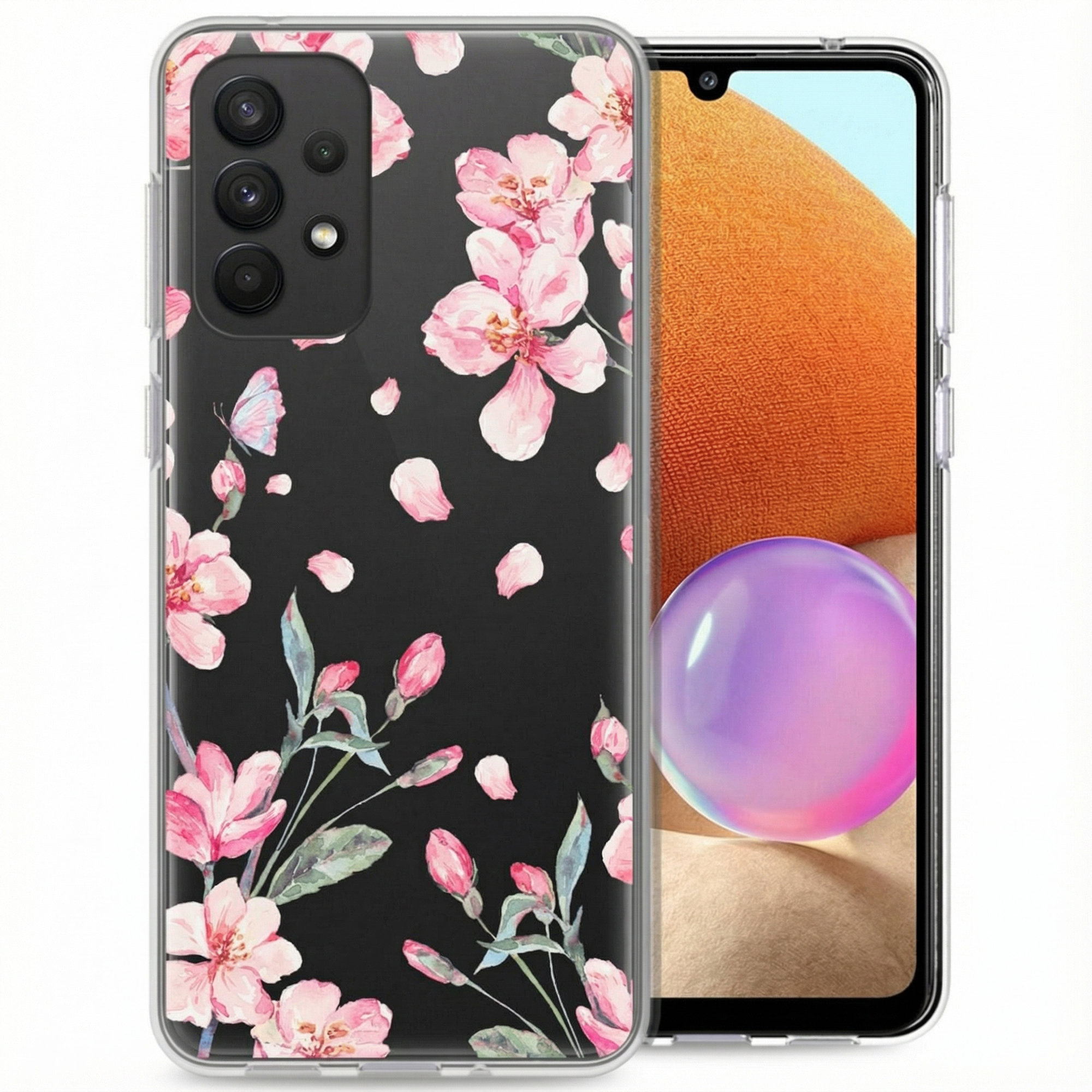 Coque de téléphone transparente avec motif de fleur de cerisier rose sur fond noir.