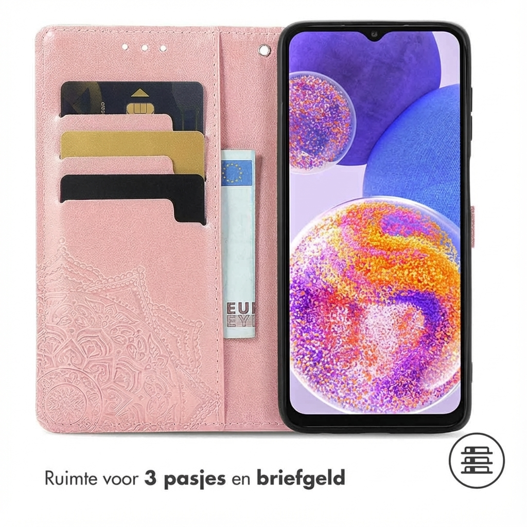 Roze telefoonhoesje met kaarthouders en een telefoon met kleurrijk scherm.