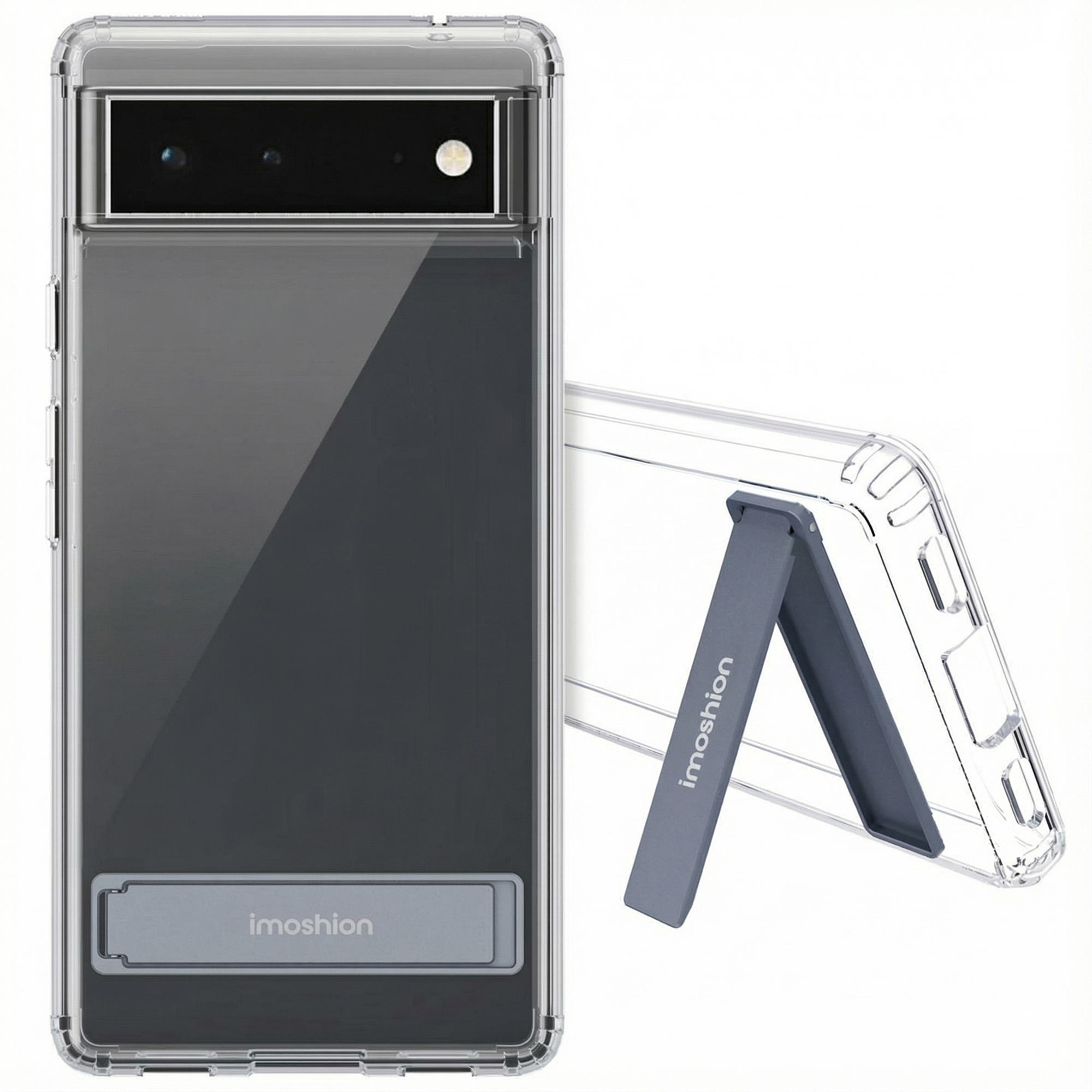 Doorzichtige telefoonhoes met geïntegreerde standaard en camerabalk.