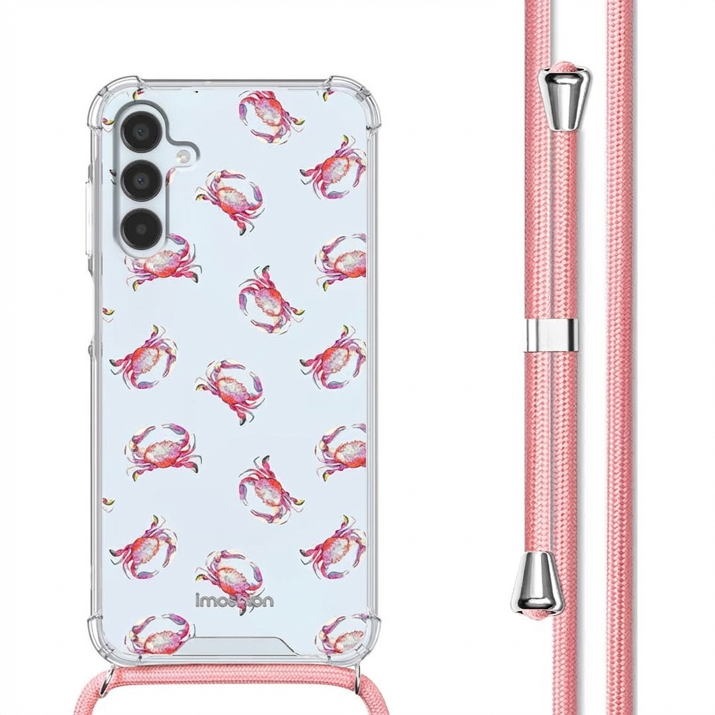 Doorzichtige hoes met roze krabbenpatroon en roze band.