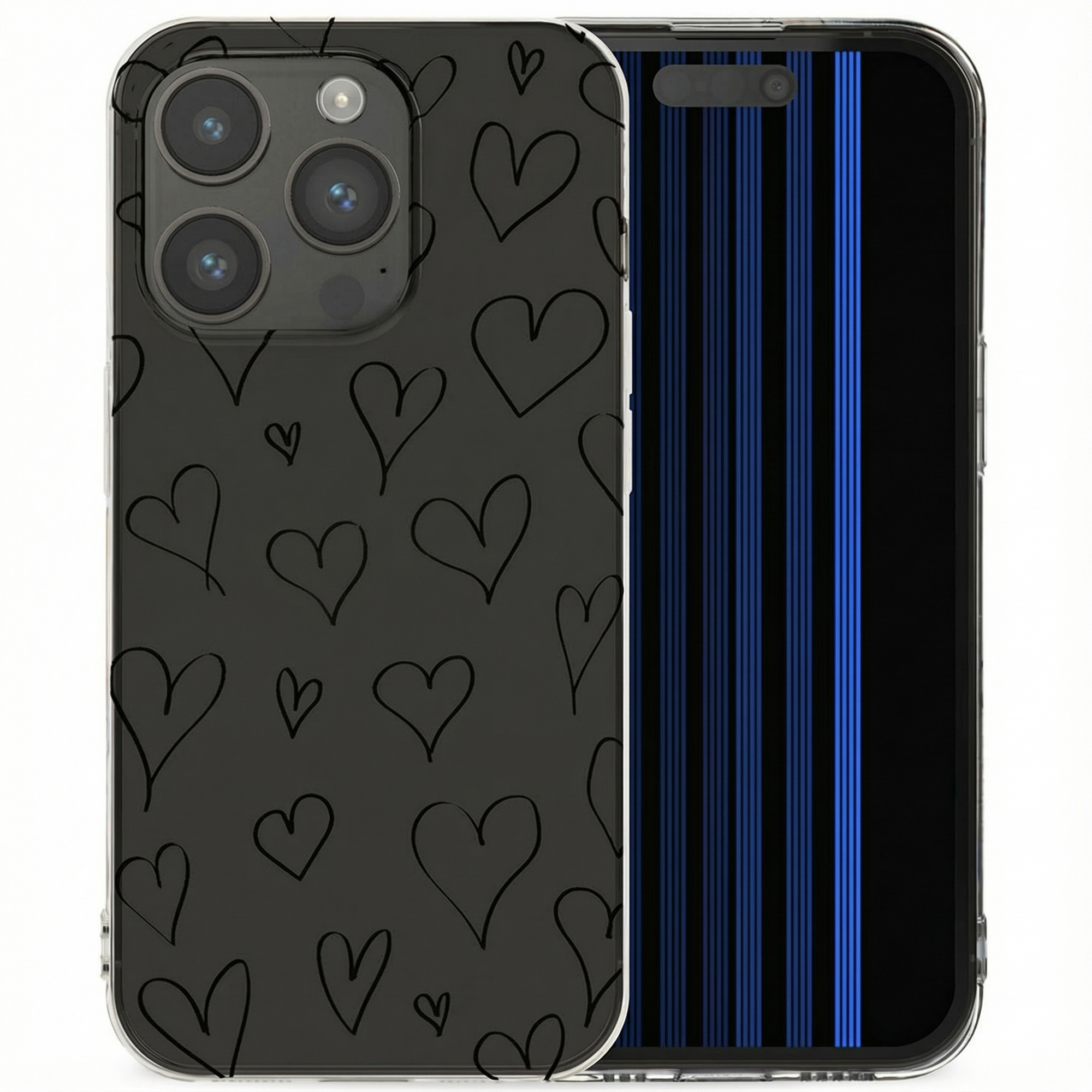 Een zwarte telefoonhoes met getekende harten en een telefoon met blauwe strepen.