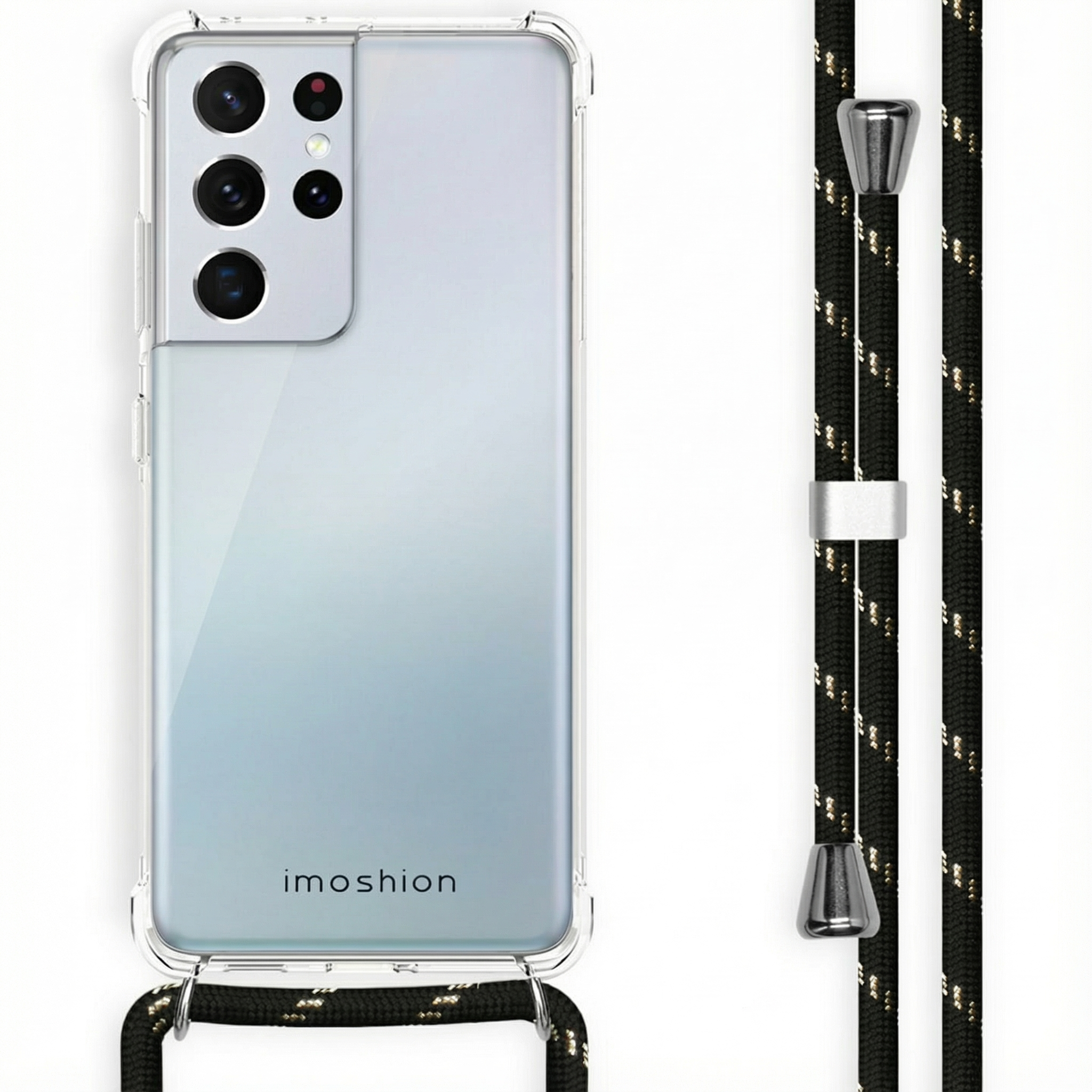 Un smartphone dans un étui transparent avec quatre caméras, à côté d'un cordon.