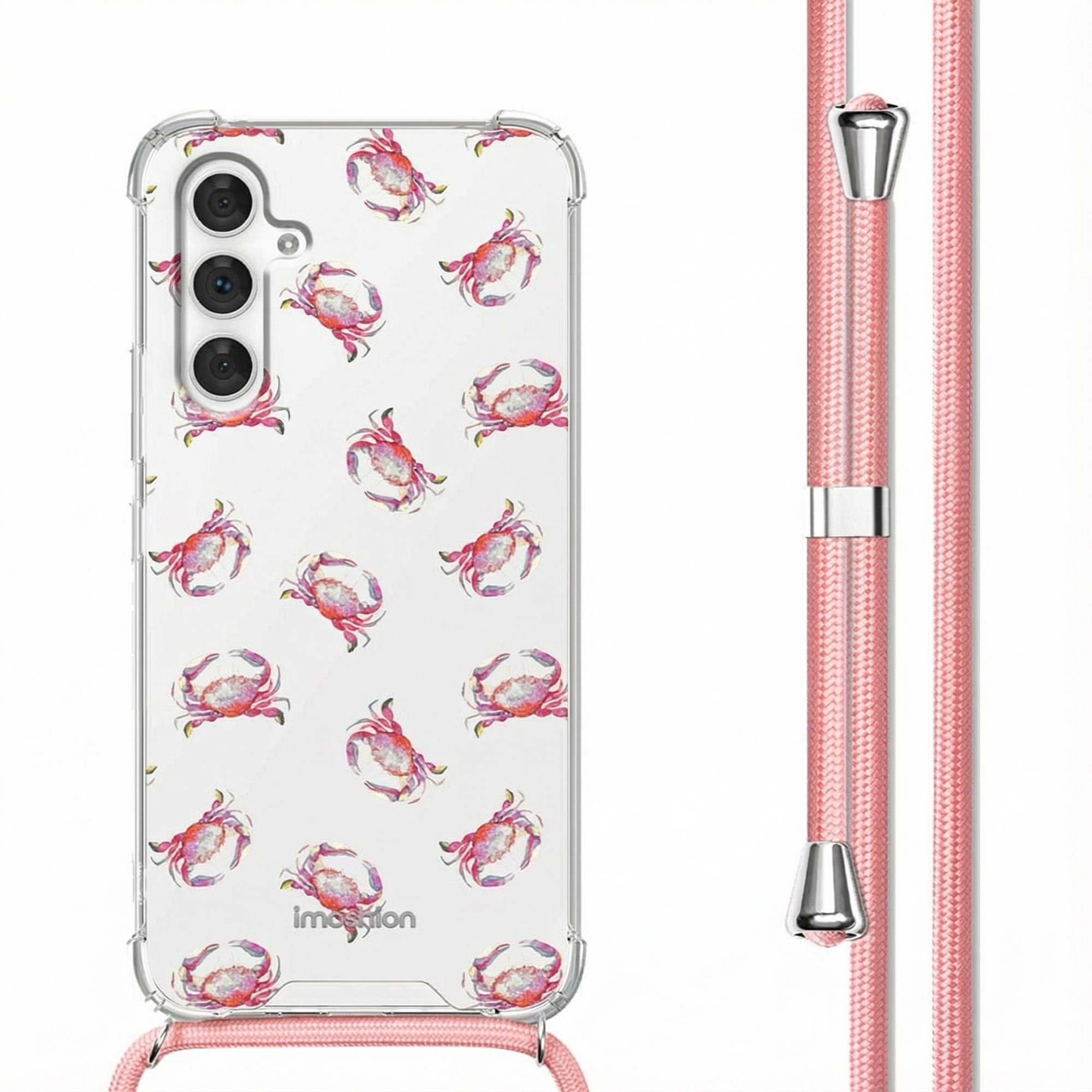 Doorzichtig telefoonhoesje met roze krabbenpatroon en roze draagkoord.