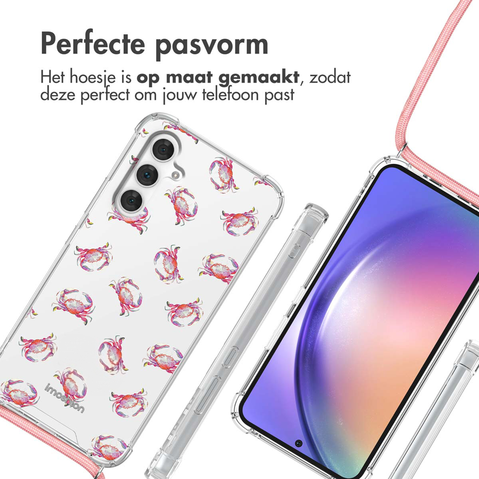 Transparante telefoonhoes met krabbenprint en roze koord. Perfecte pasvorm.