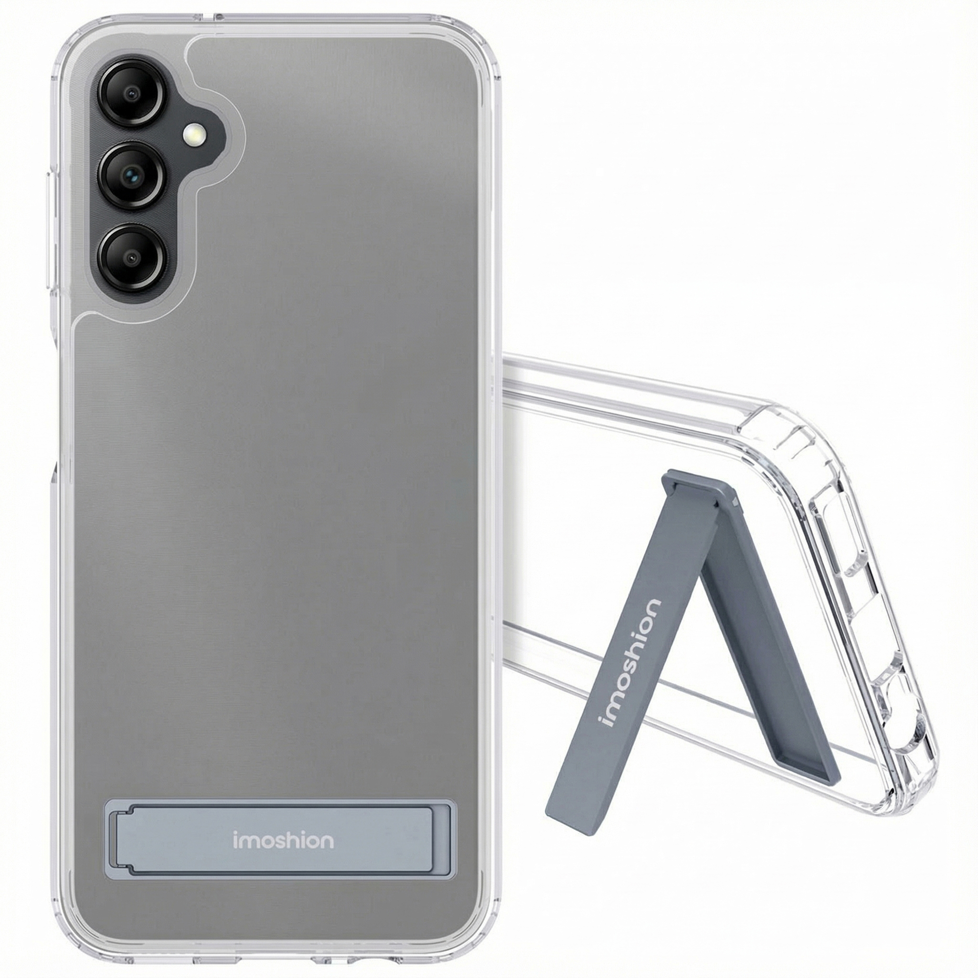 Custodia trasparente per telefono con cavalletto integrato grigio, fotocamera e logo.