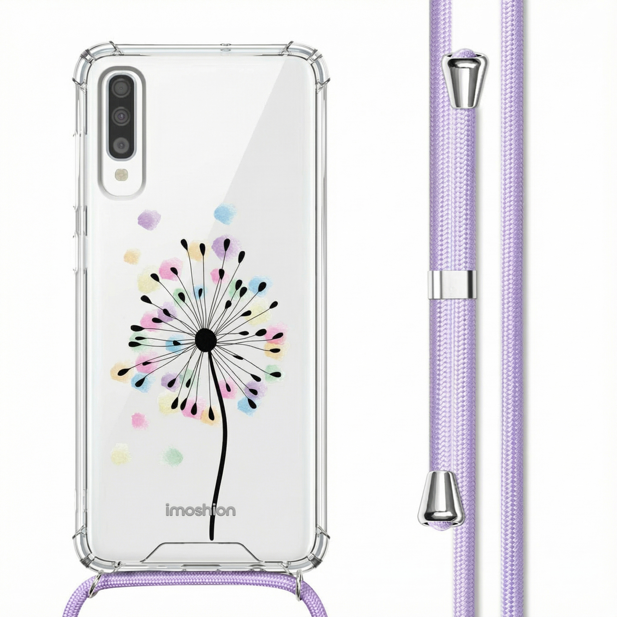 Coque de téléphone transparente avec motif pissenlit coloré et lanière.