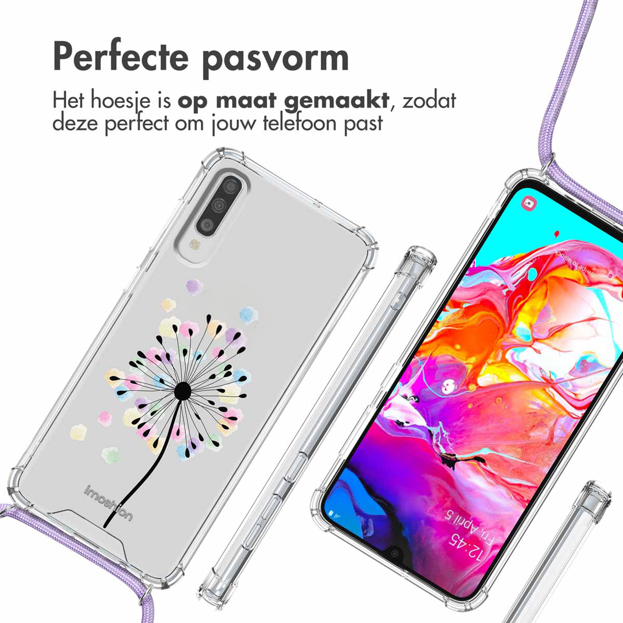 Coque de téléphone transparente avec motif pissenlit et cordon, montrant un téléphone.