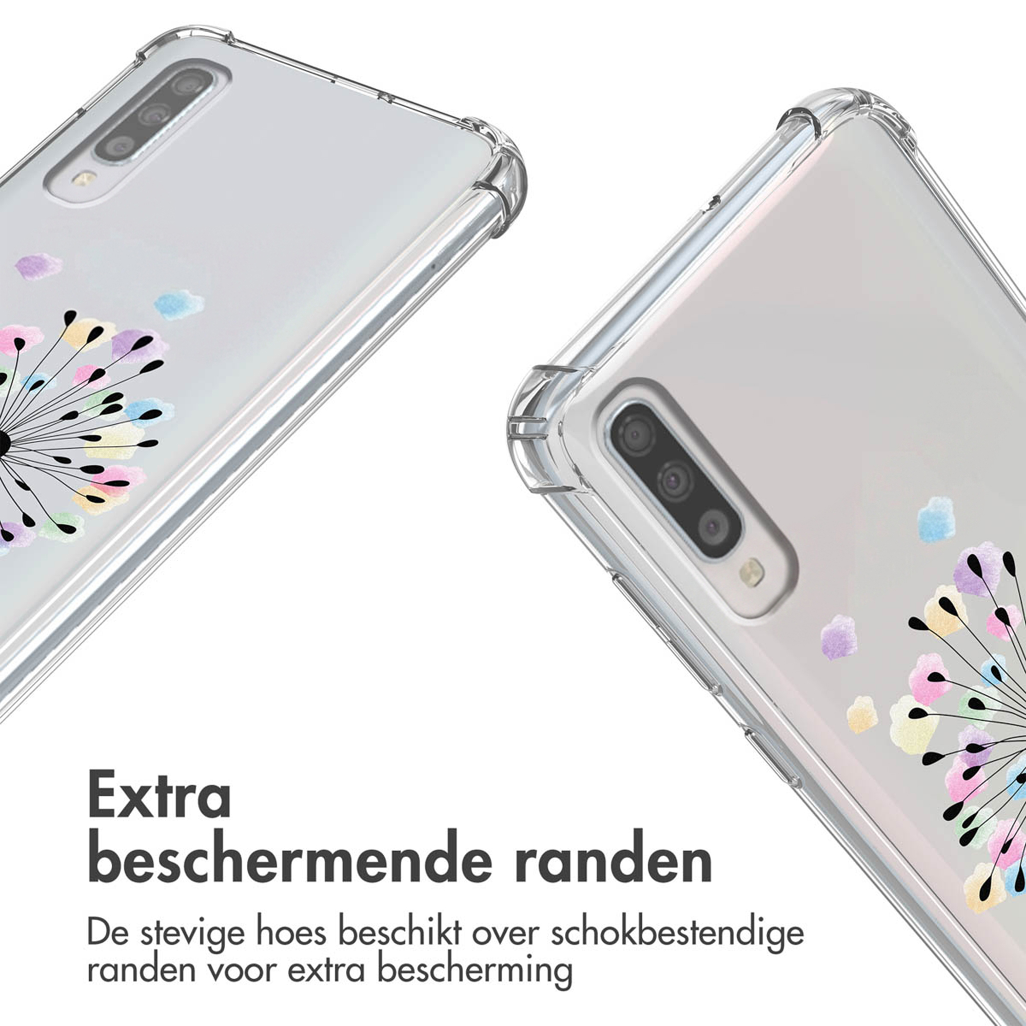 Coque de téléphone transparente avec motif floral rose, jaune, bleu et violet.