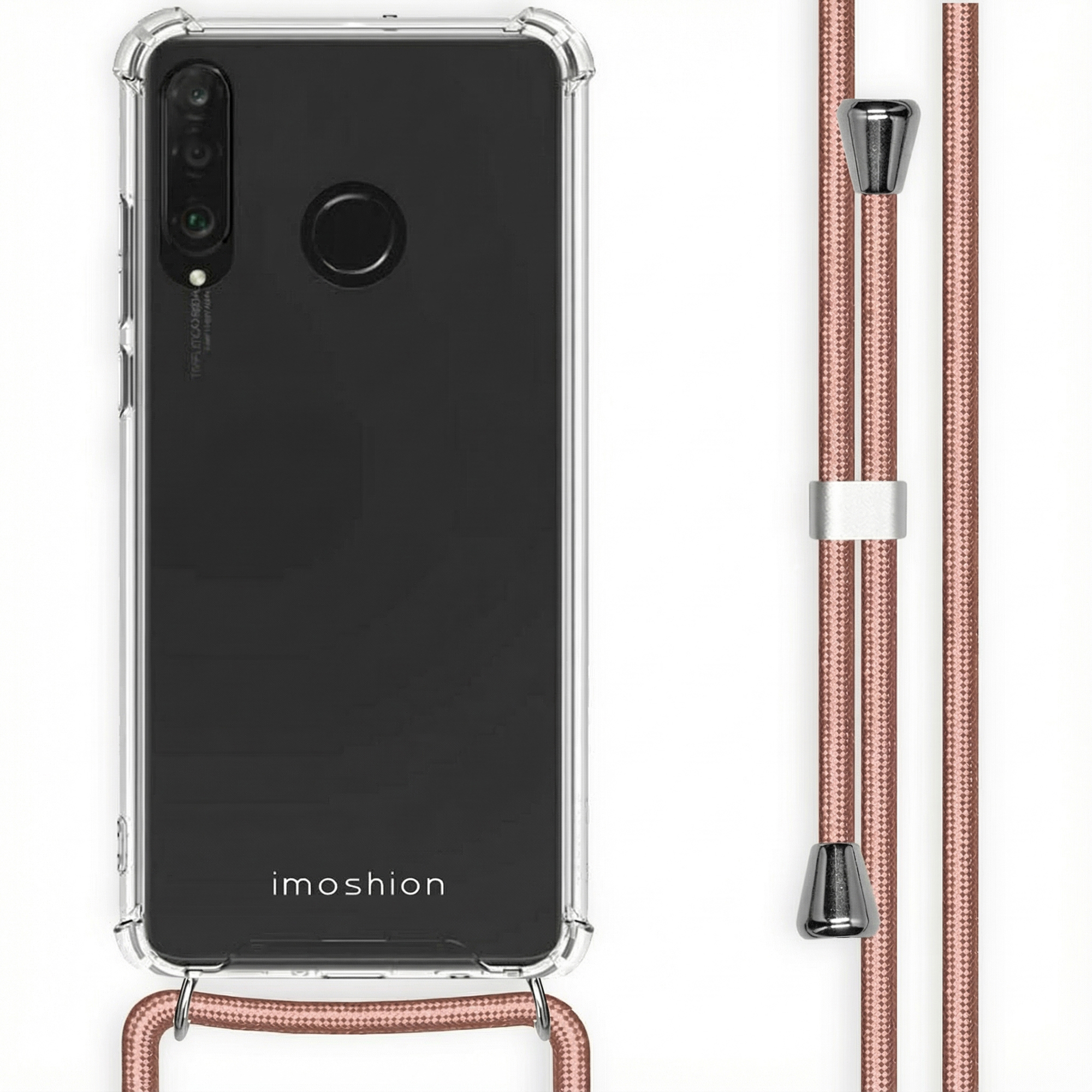 Transparante telefoonhoes met drievoudige camera en roségouden koord.