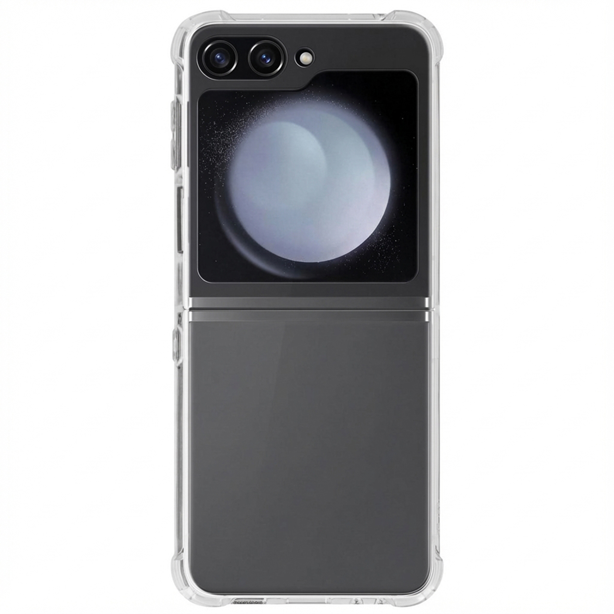 Une coque de téléphone transparente protégeant un smartphone pliable. La coque est transparente.