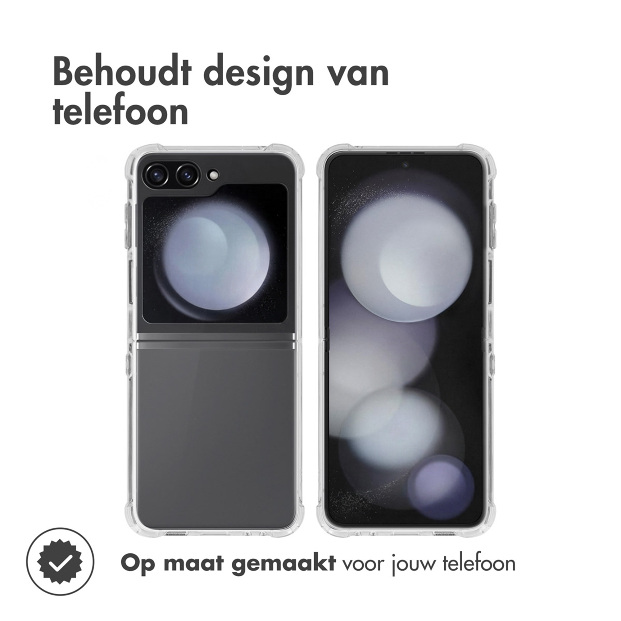 Coque transparente pour téléphone présente un téléphone pliable ouvert et fermé.