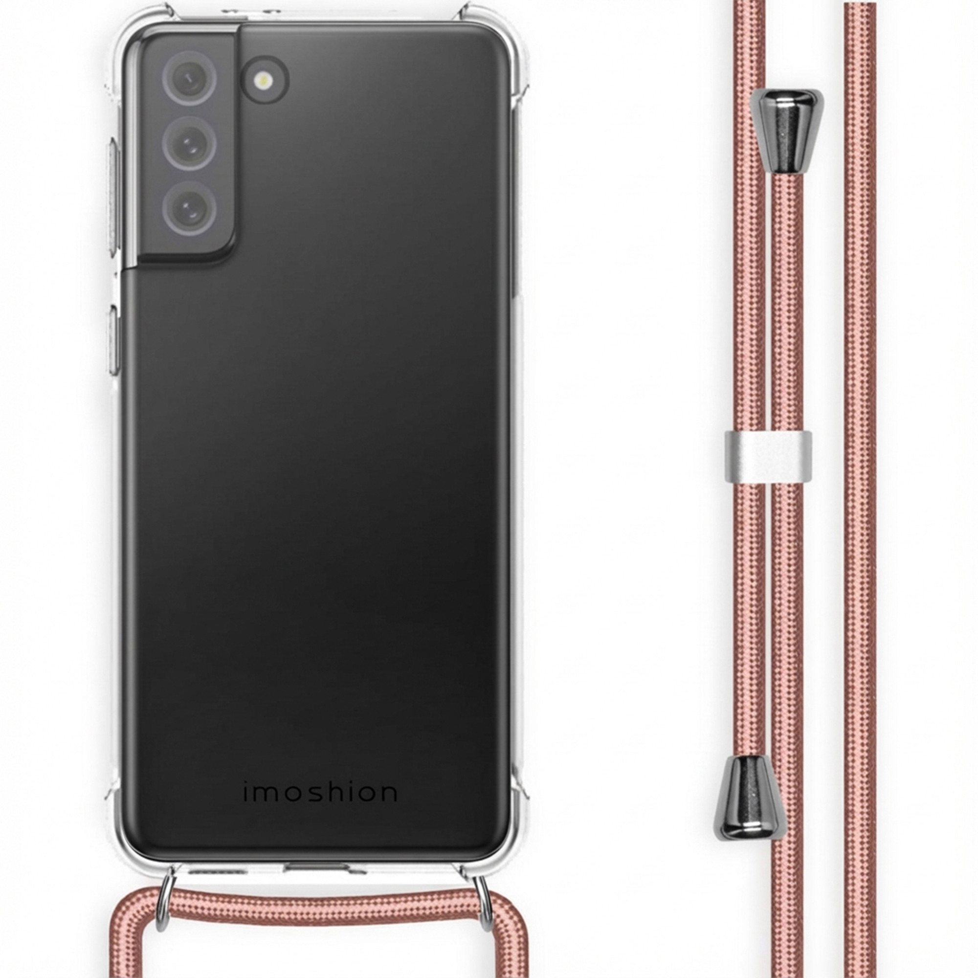Coque de téléphone transparente avec triple appareil photo sur un téléphone noir et cordon or rose.